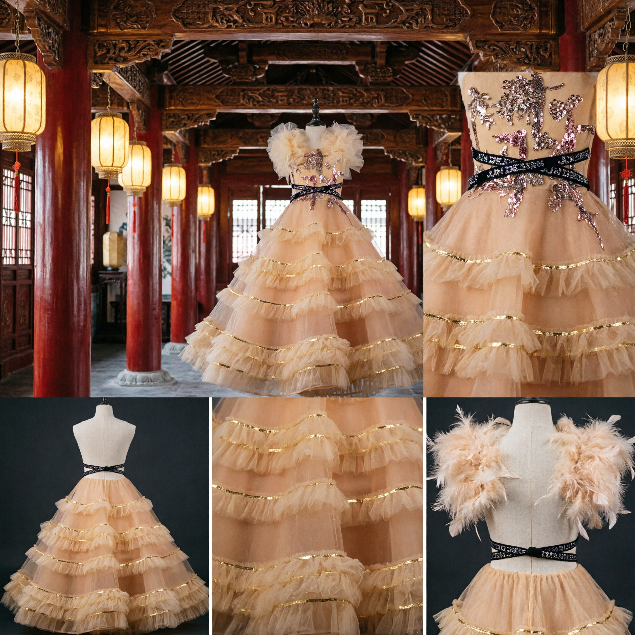 Elegant Girls Peach Sequin Ball Gown Tiered Tulle Ruffle Dress for Wedding Pageant and Party - Asian Costume