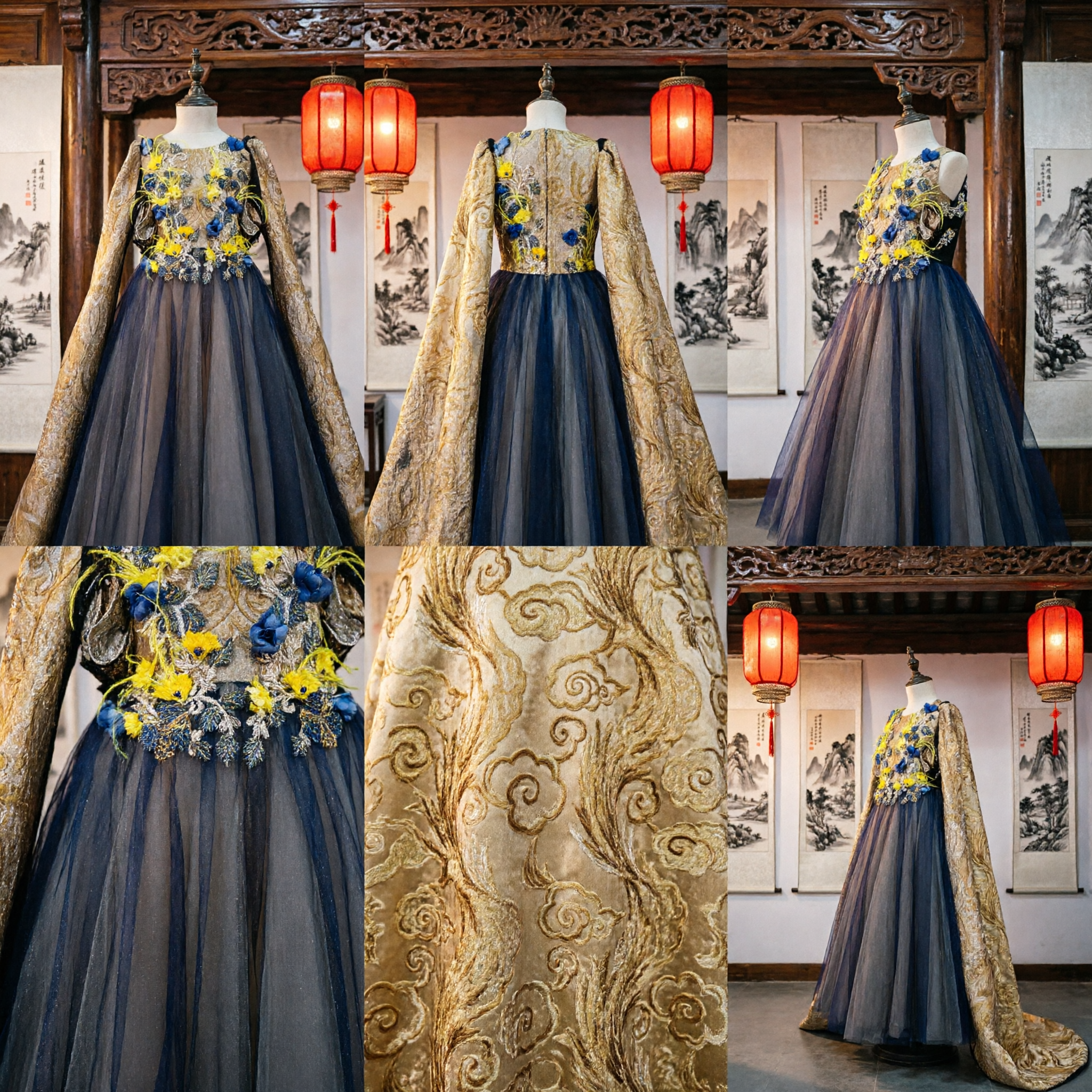 Traditional Chinese Style Gold Brocade Cape Dress with Blue Tulle and Floral Embroidery for Hostess - Asian Costume