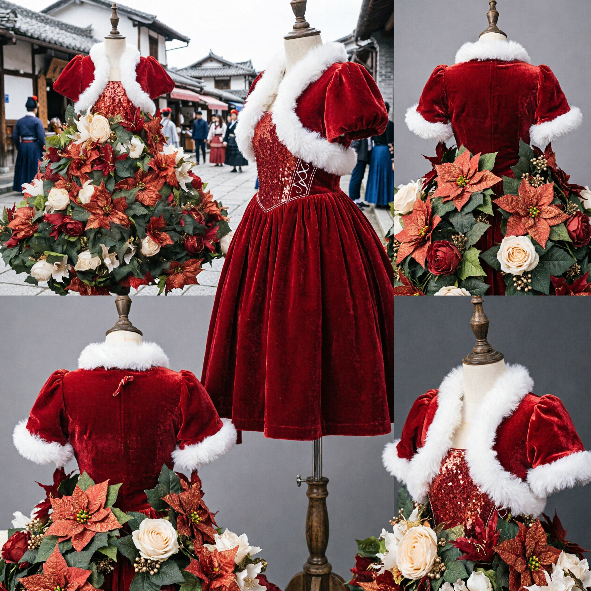 Forma de Vestido Elegante de Terciopelo Rojo con Capa y Flores, Tipo Árbol de Navidad, con Poinsettias y Rosas, para Decoración Navideña - Asian Costume