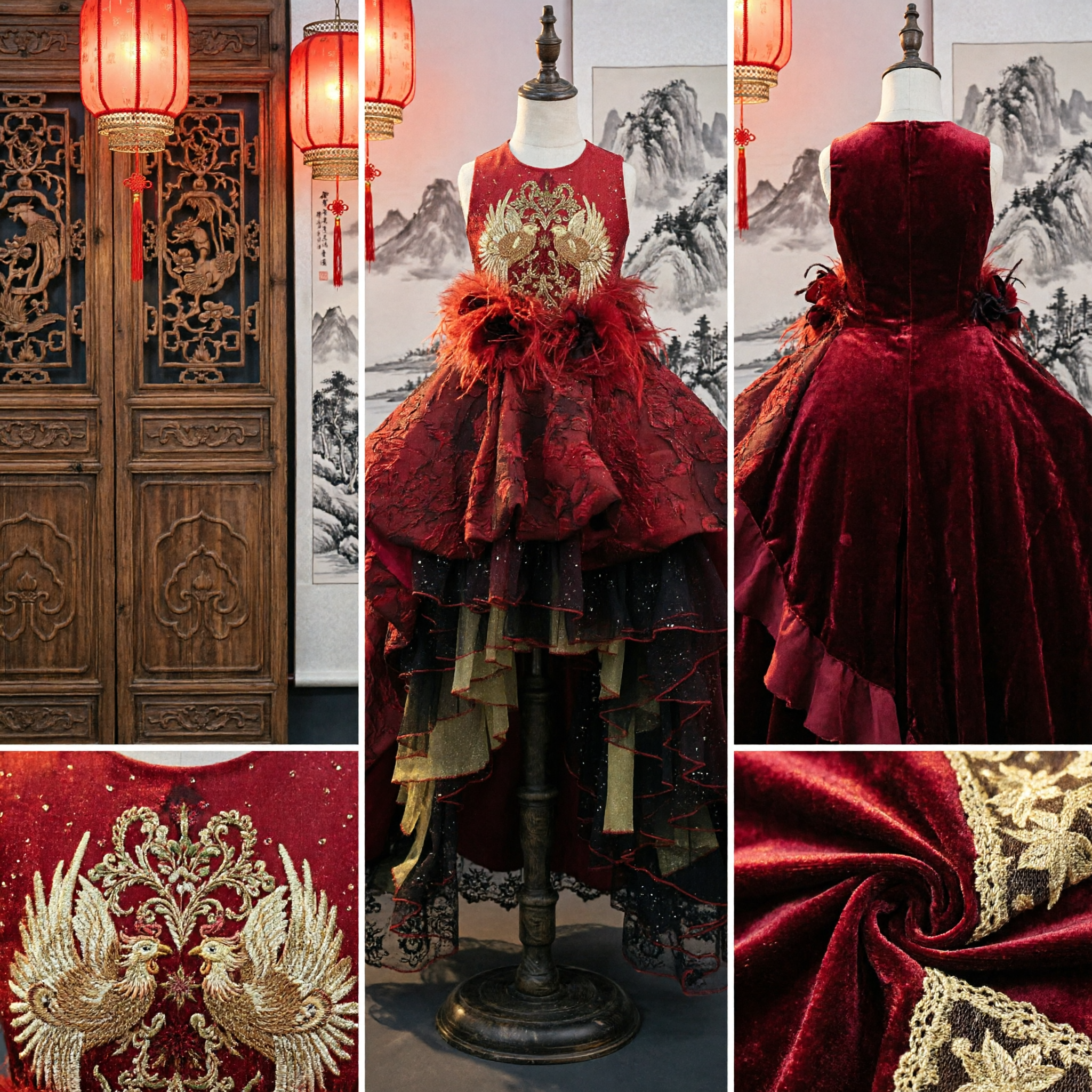 Elegant Red Traditional Chinese Phoenix Embroidery Flower Girl Dress for Kids Wedding Party Pageant - Asian Costume