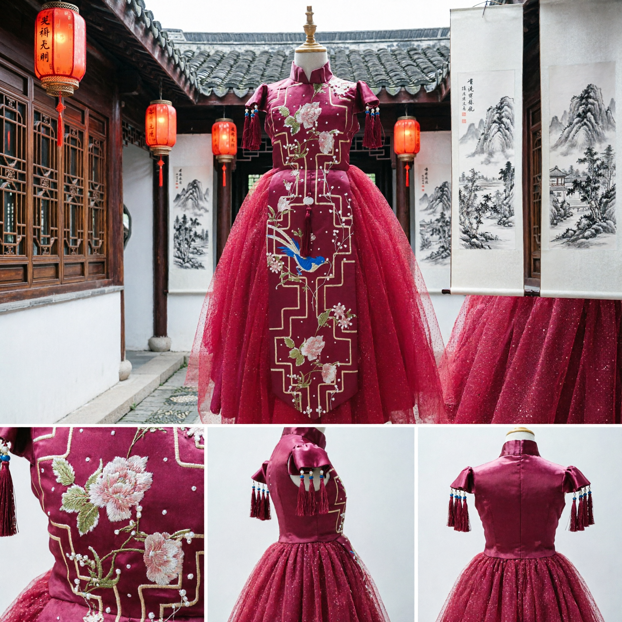 Traditional Chinese Wedding Dress Red Xiu He Fu Embroidered Peony Magpie Ballgown Bridal Gown - Asian Costume