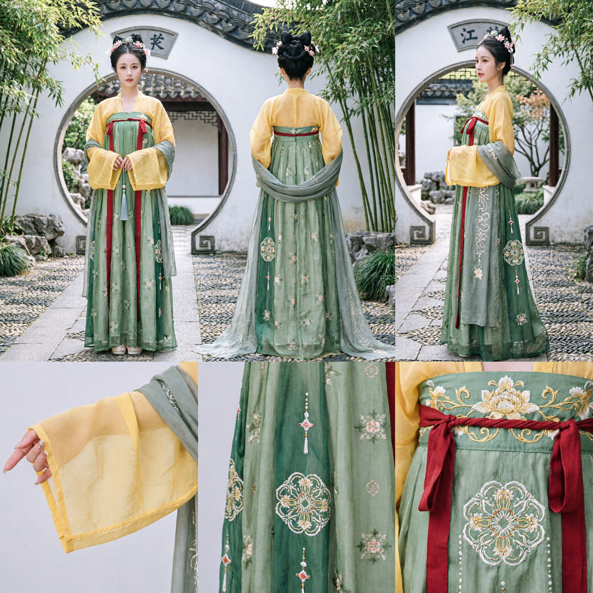 Chinese Traditional Tang Dynasty Hanfu Costume Ancient Princess Fairy Dress Yellow Top Green Skirt for Women - Asian Costume