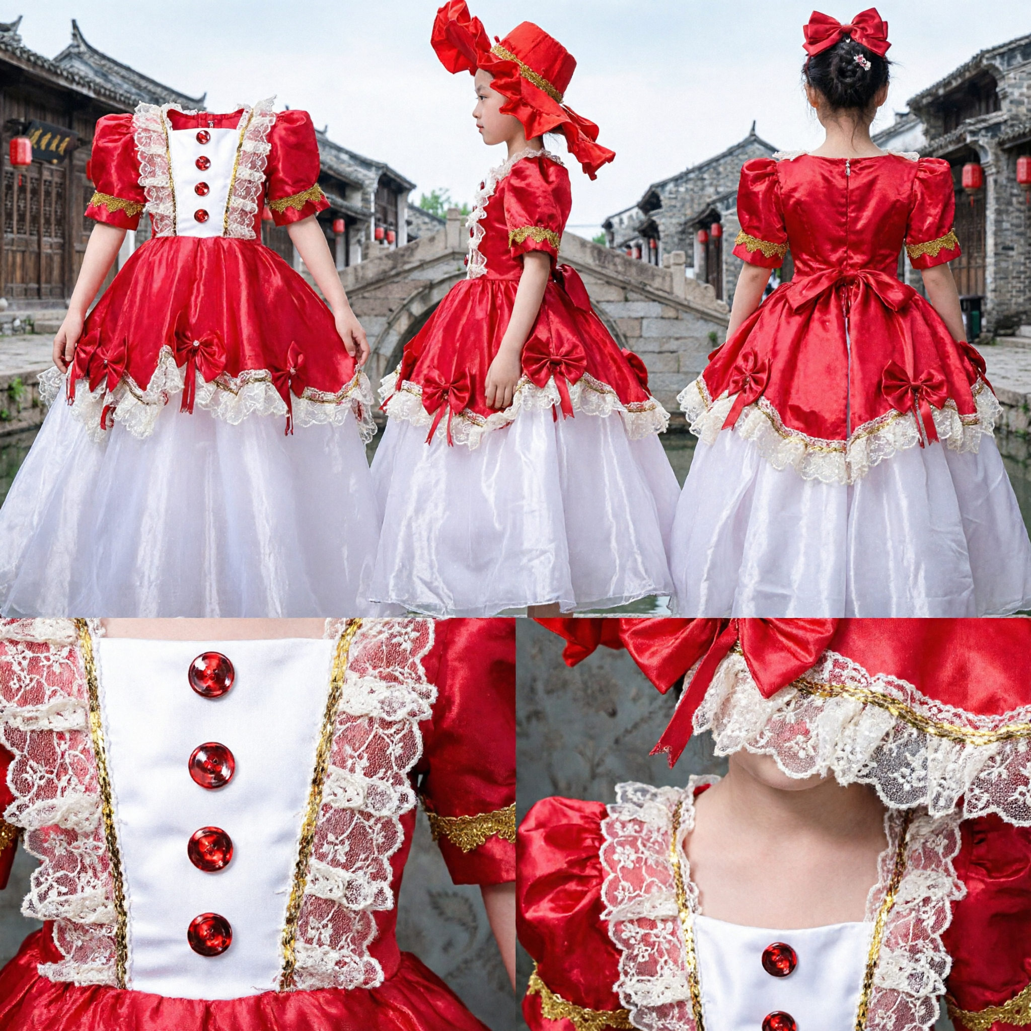 Girls Spanish Flamenco Dance Costume Red and White Ruffled Dress with Hat for Kids Stage Performance - Asian Costume