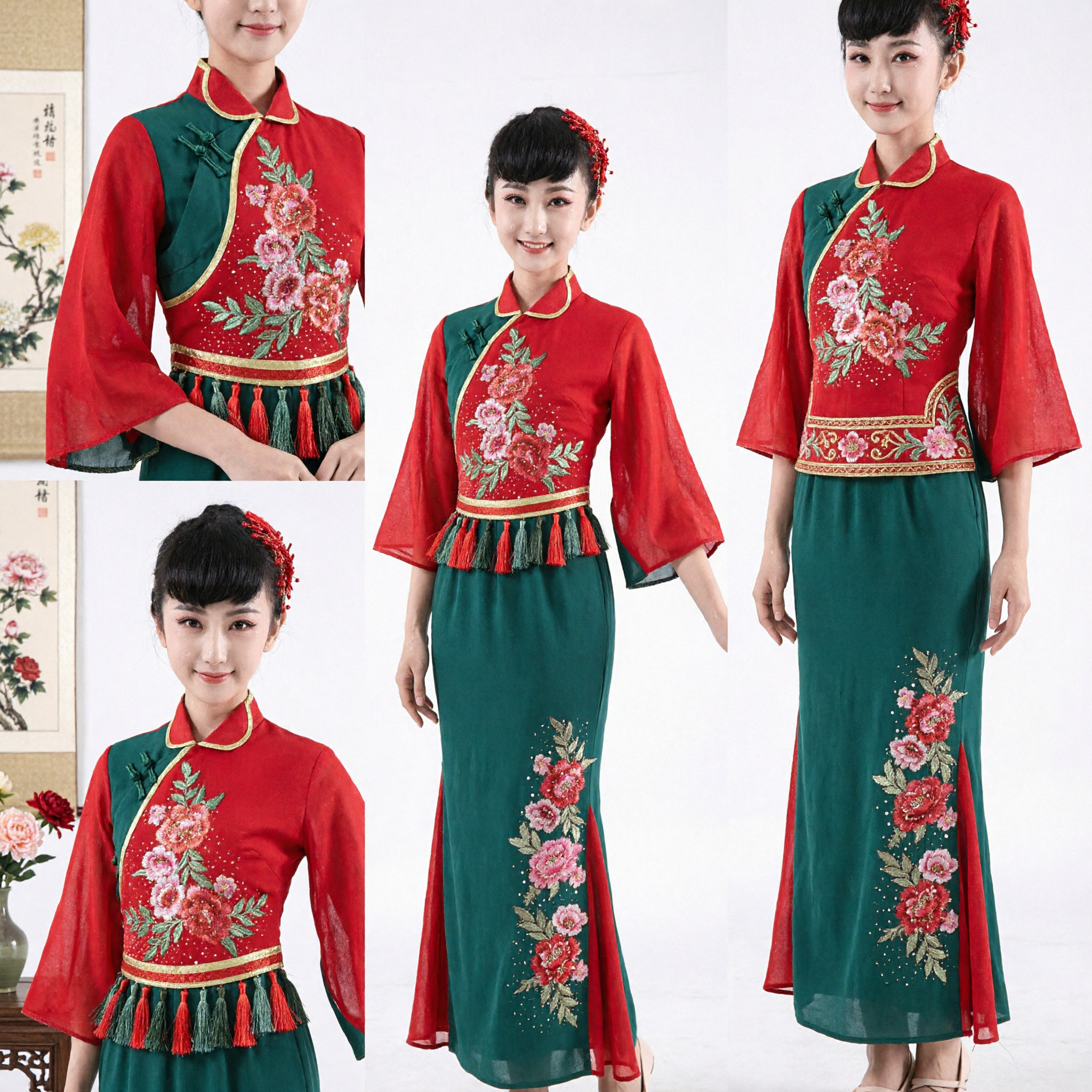 Women's Chinese Folk Dance Costume Red Green Embroidered Yangge Fan Dance Traditional Stage Performance Outfit - Asian Costume