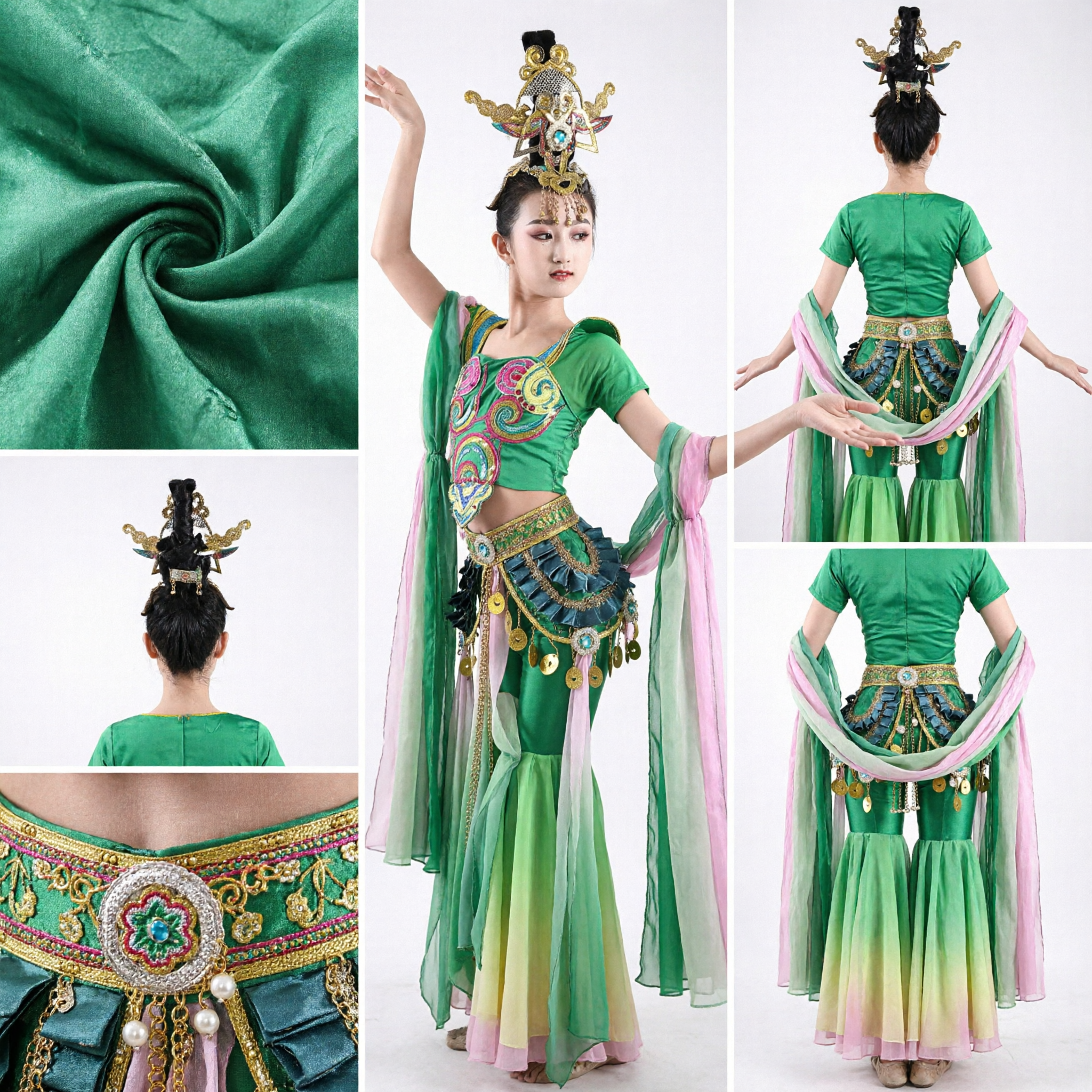 Women's Green Dunhuang Flying Apsara Costume Traditional Chinese Folk Dance Stage Performance Outfit - Asian Costume