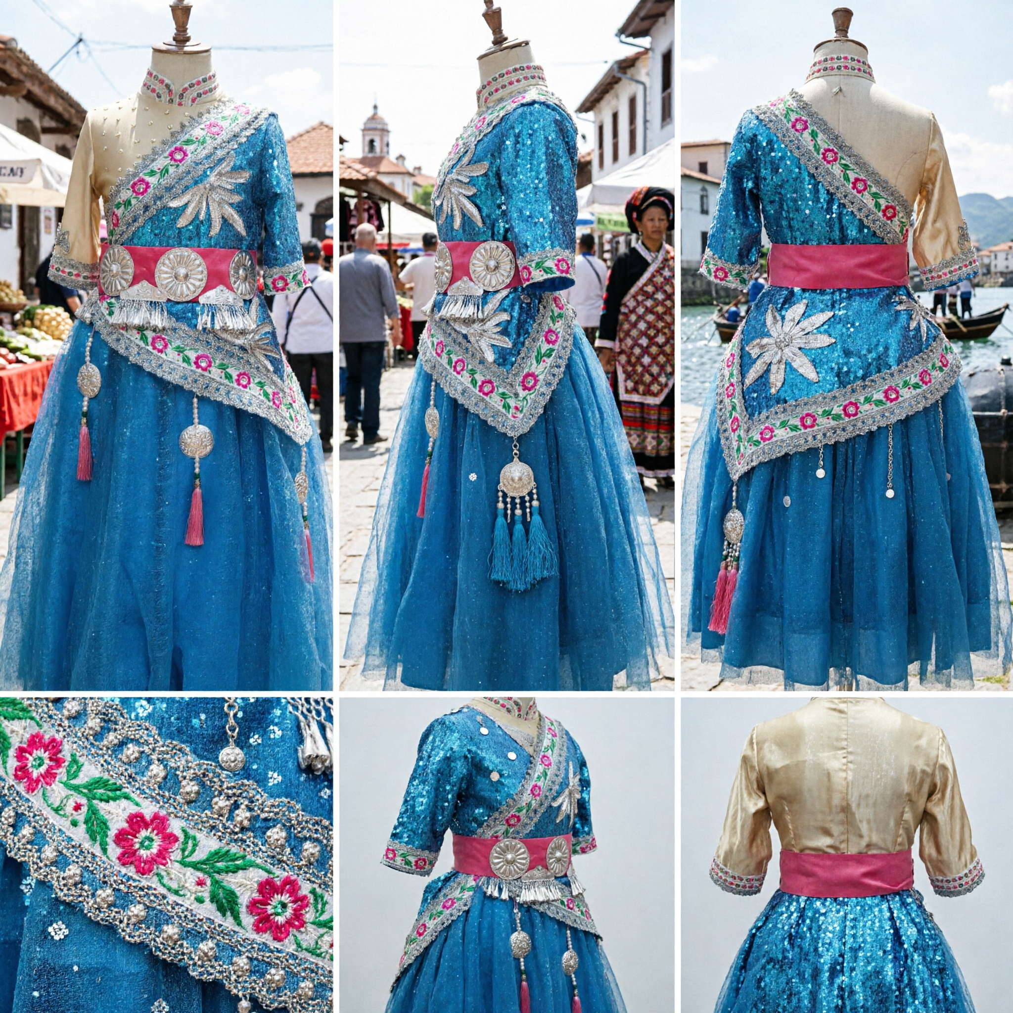 Chinese Traditional Miao Ethnic Minority Dance Costume Kids Girls Blue Silver Embroidery Stage Performance Clothing Set - Asian Costume