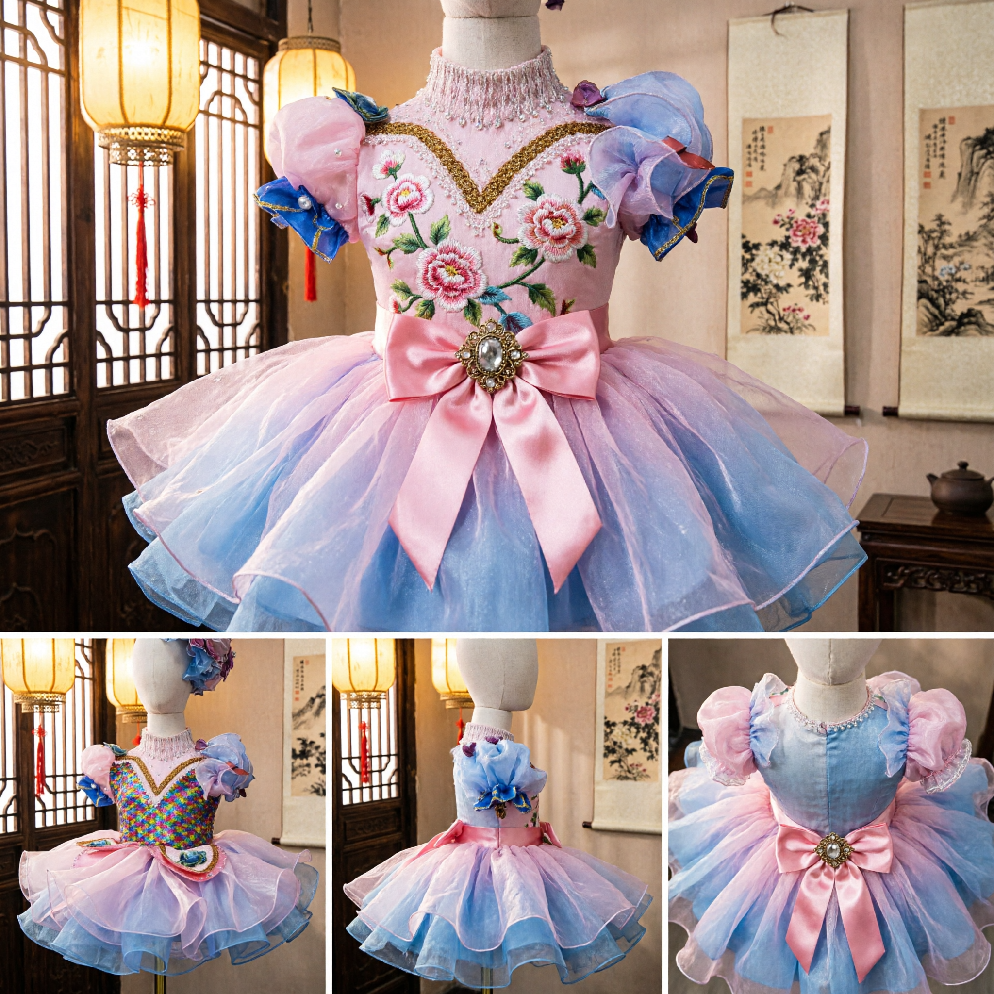 Girls Rainbow Sequin Ballet Tutu Dress with Puff Sleeves and Headpiece for Dance Performance - Asian Costume
