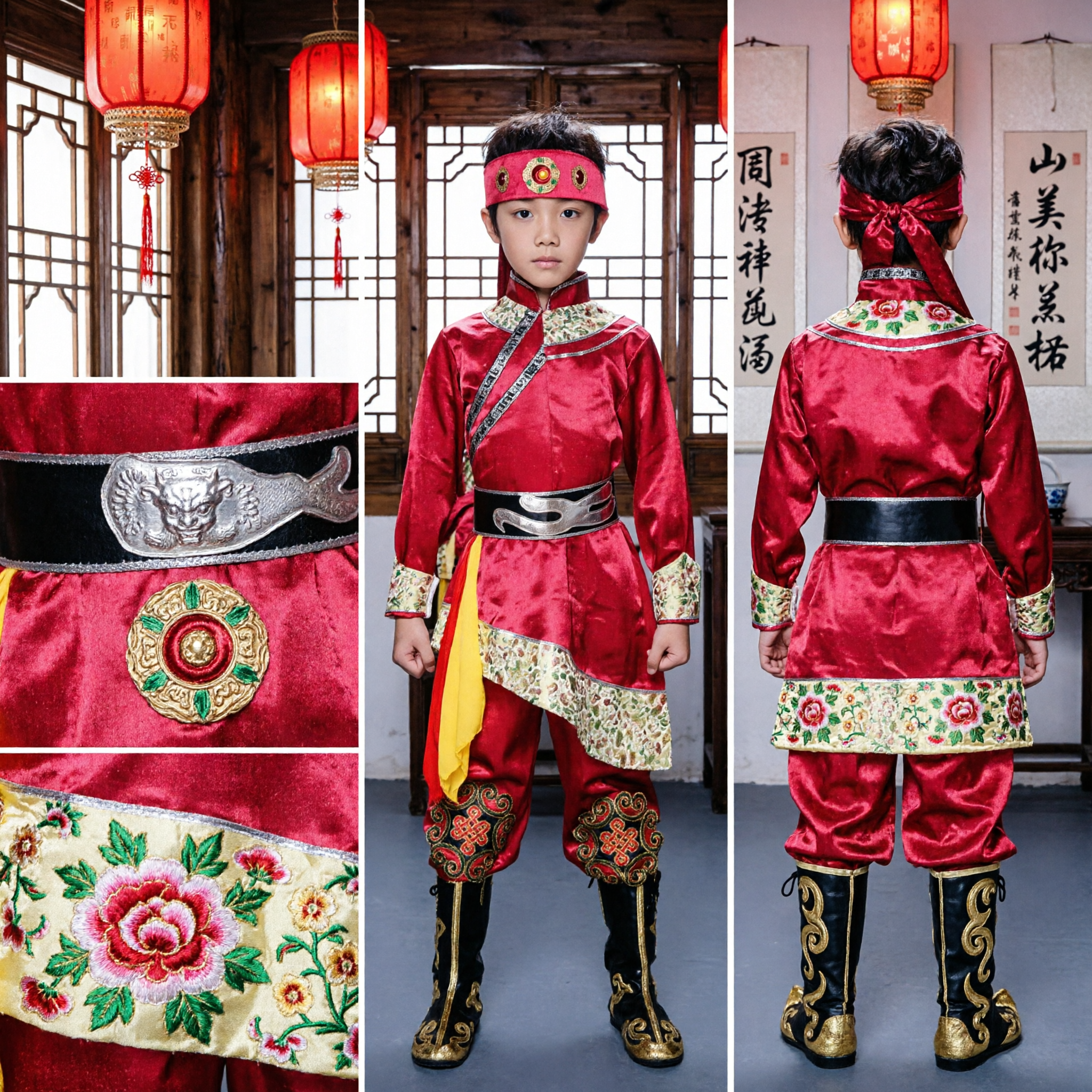 Boys Chinese Mongolian Ethnic Dance Costume Traditional Red Folk Performance Outfit for Kids Stage Show - Asian Costume