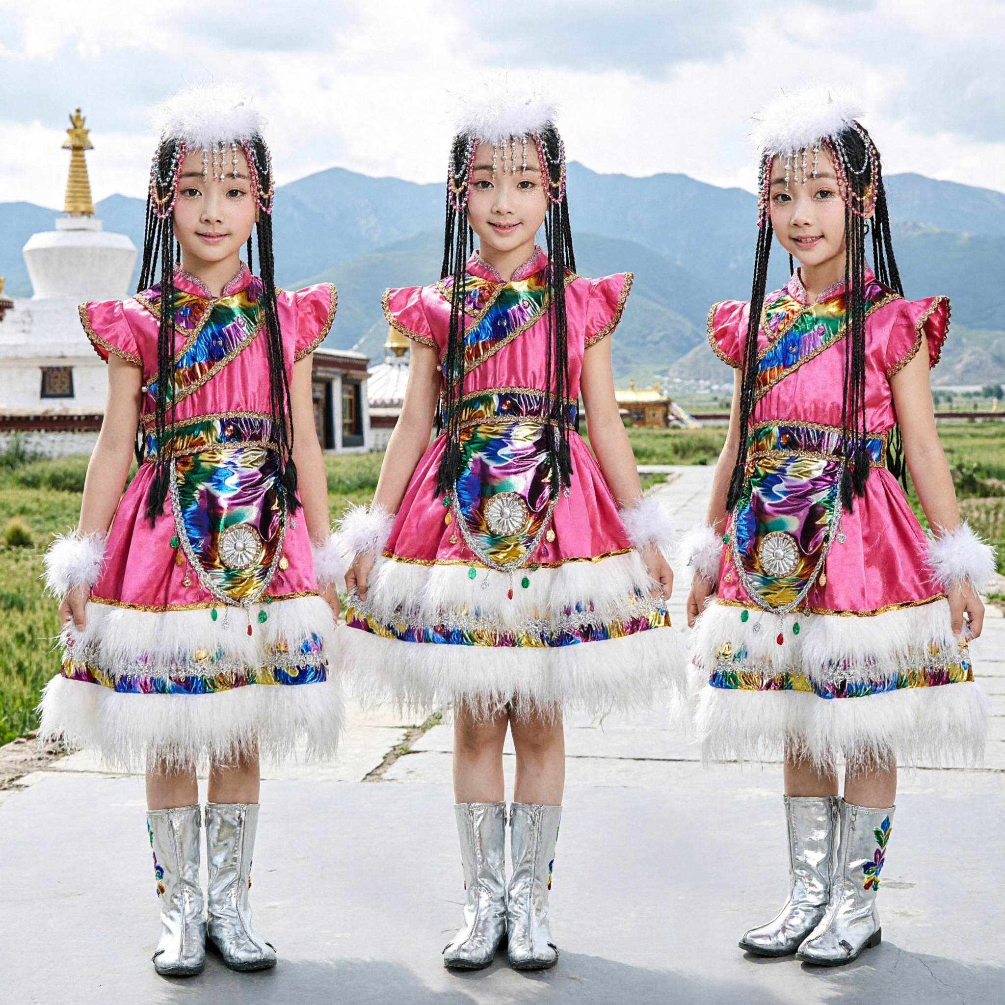 Girls Traditional Chinese Ethnic Dance Costume Pink Stage Performance Dress with Fur Trim and Beaded Headdress - Asian Costume