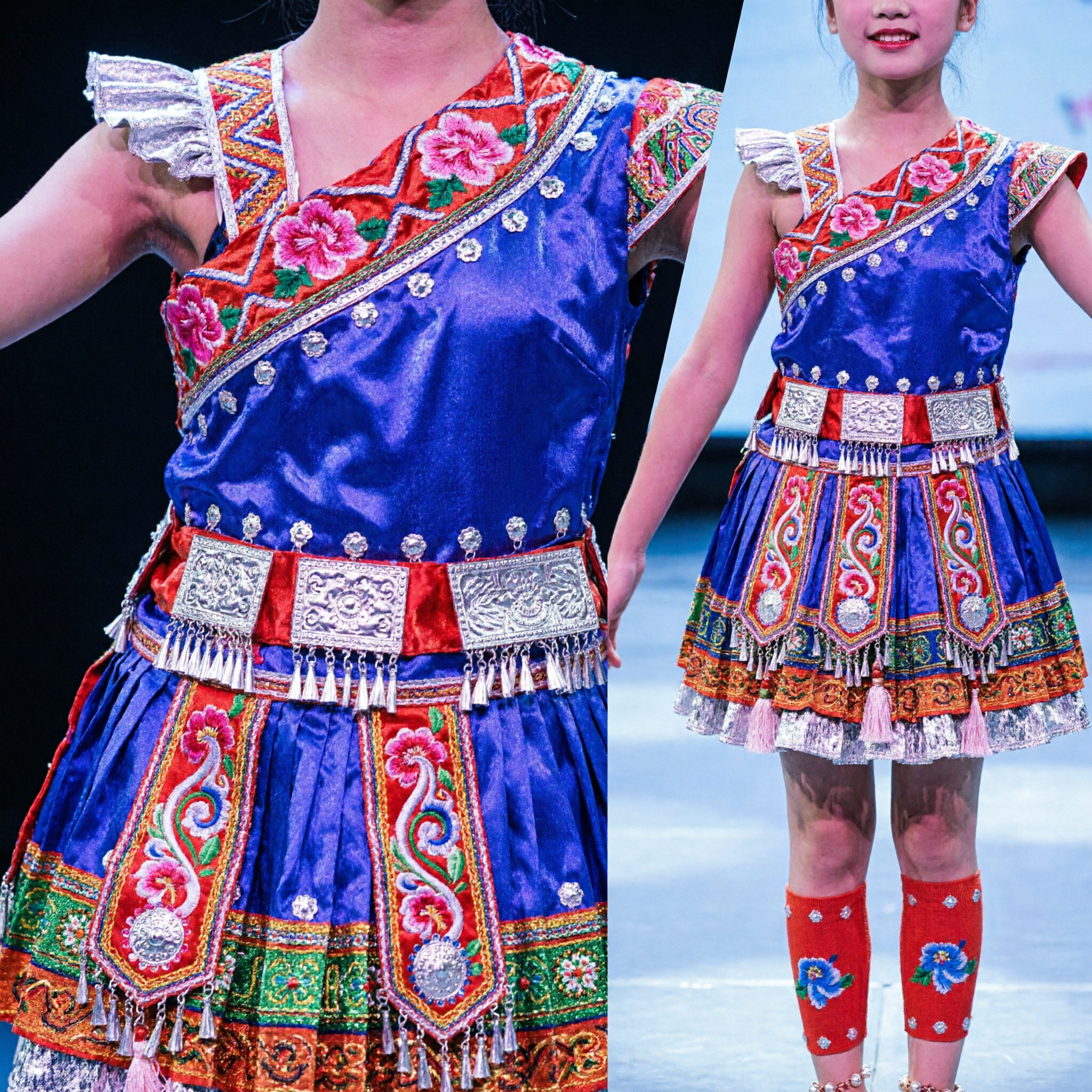 Kids Chinese Miao Ethnic Dance Costume Purple Traditional Folk Stage Performance Dress with Silver Headpiece - Asian Costume