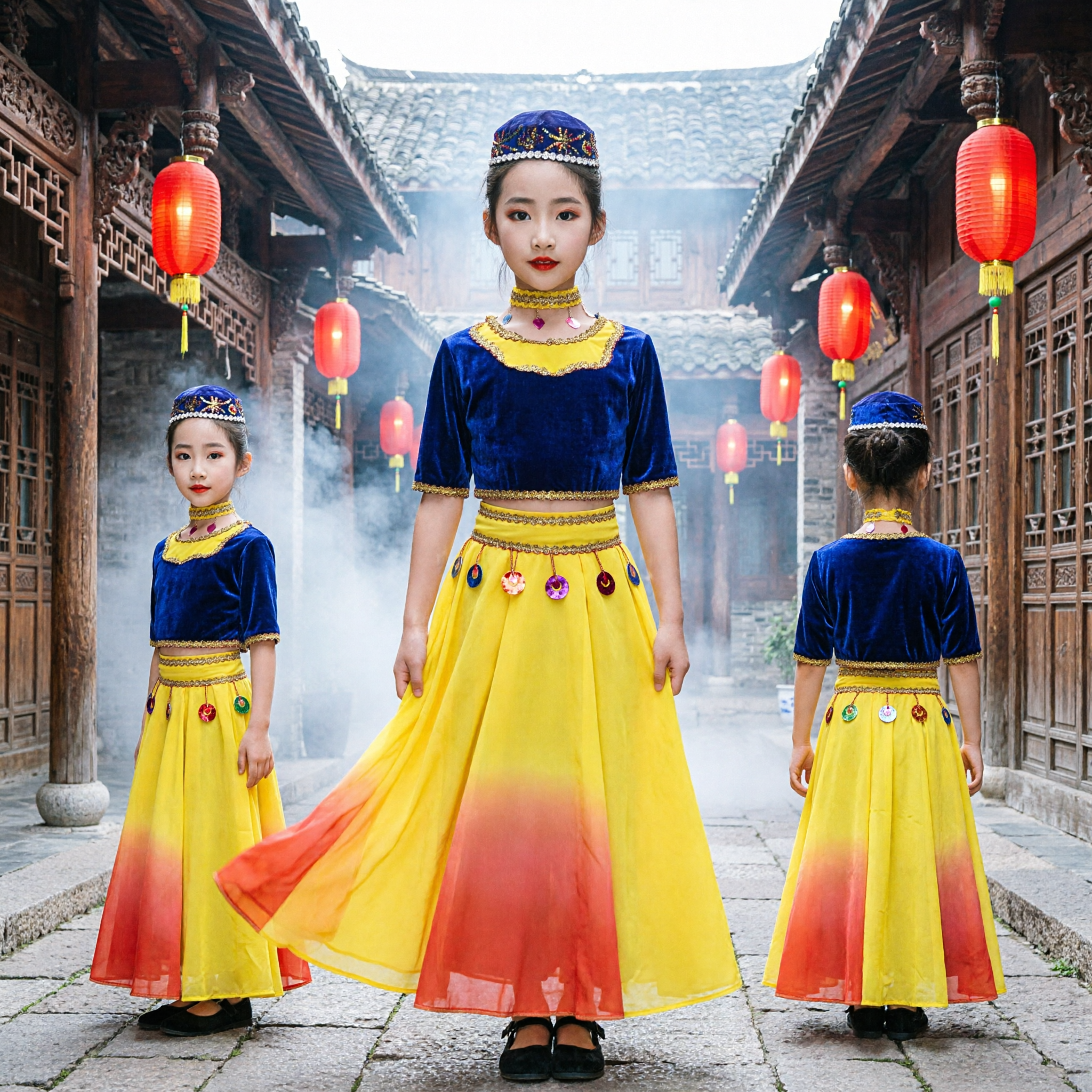 Traditional Uyghur Dance Costume for Girls Children Ethnic Stage Performance Dress Yellow Blue Velvet Skirt - Asian Costume