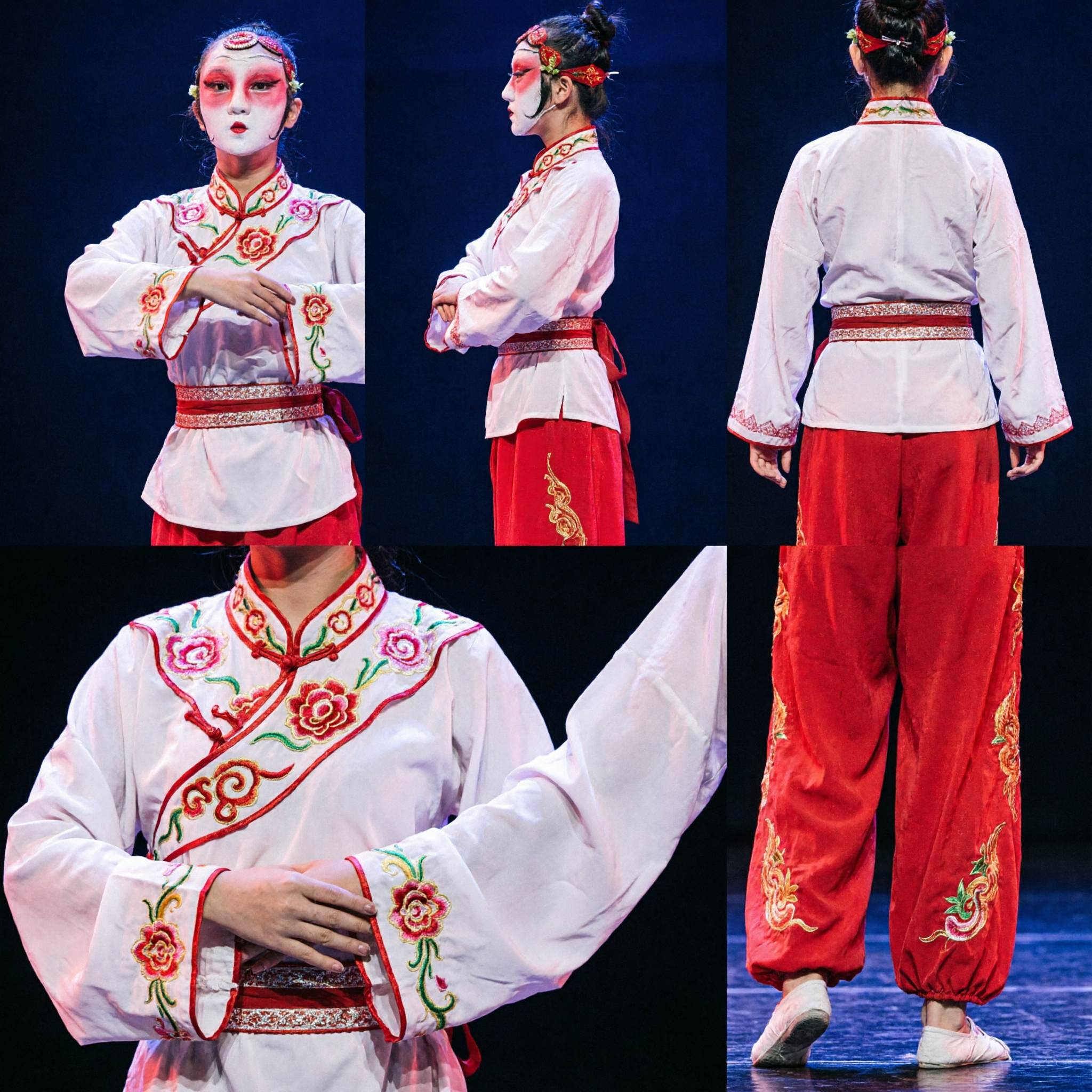 Traditional Chinese Folk Dance Costume Red Pants White Top Stage Performance Outfit for Women Peking Opera Style - Asian Costume