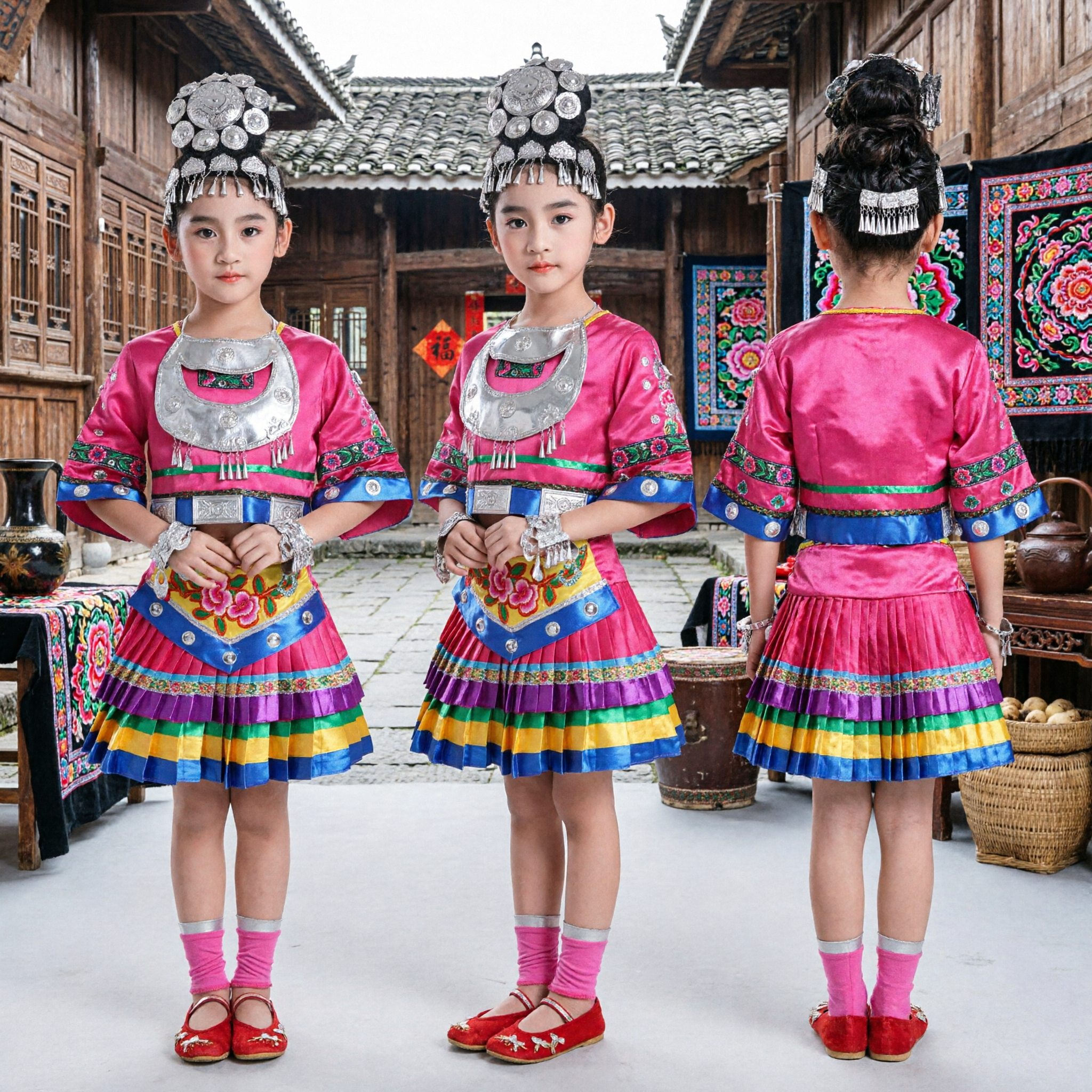 Chinese Miao Ethnic Minority Costume Kids Girls Traditional Pink Dance Dress with Silver Headdress for Stage Performance - Asian Costume