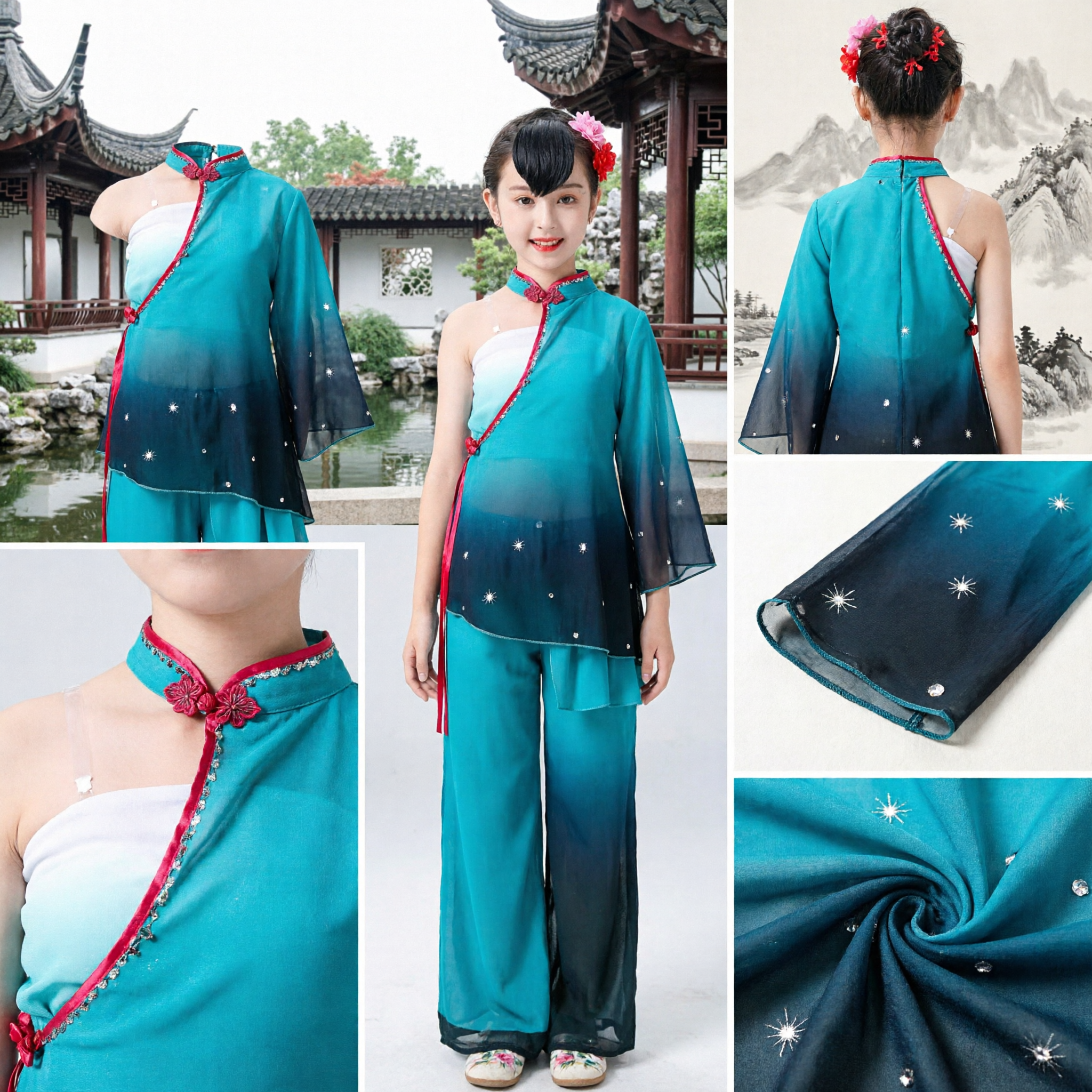Teal Gradient Chinese Traditional Folk Dance Costume Yangge Fan Dance Dress Women Stage Performance Outfit - Asian Costume
