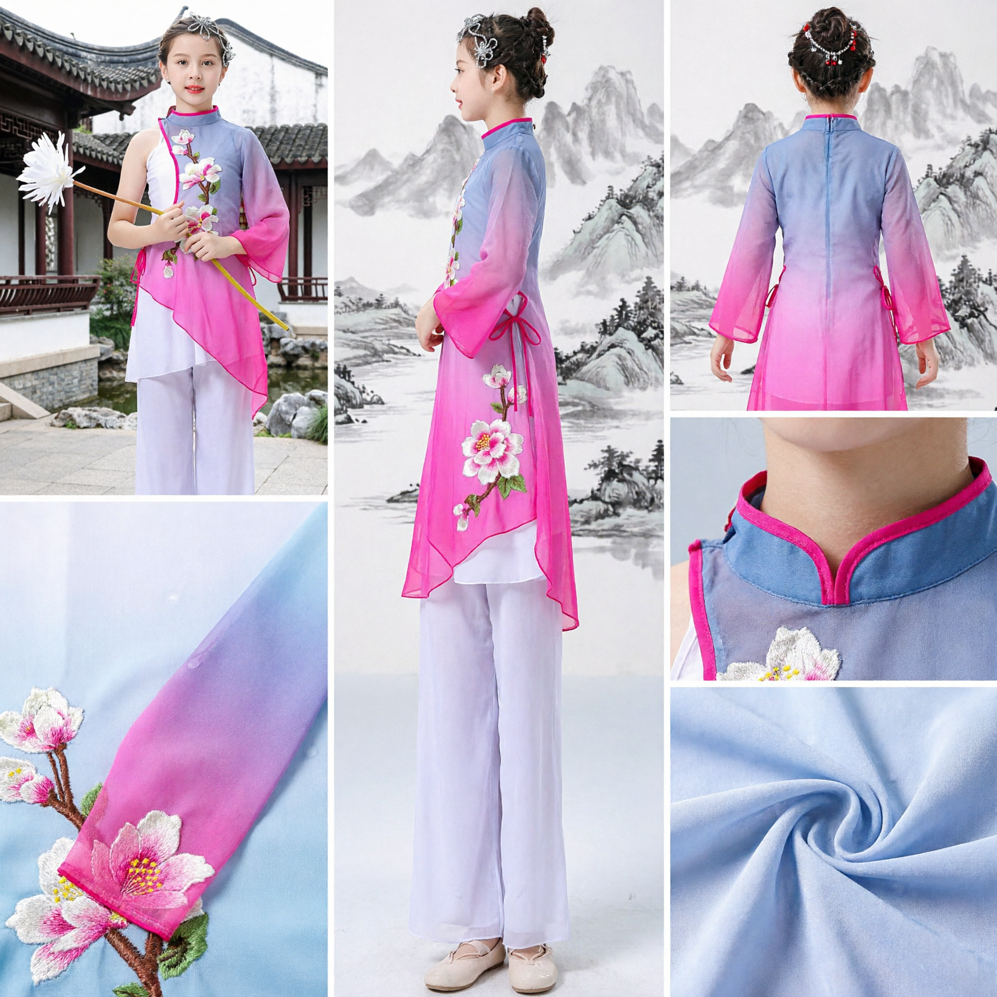 Girls Chinese Traditional Dance Costume Kids Classical Folk Performance Outfit Gradient Purple Floral Top White Pants - Asian Costume