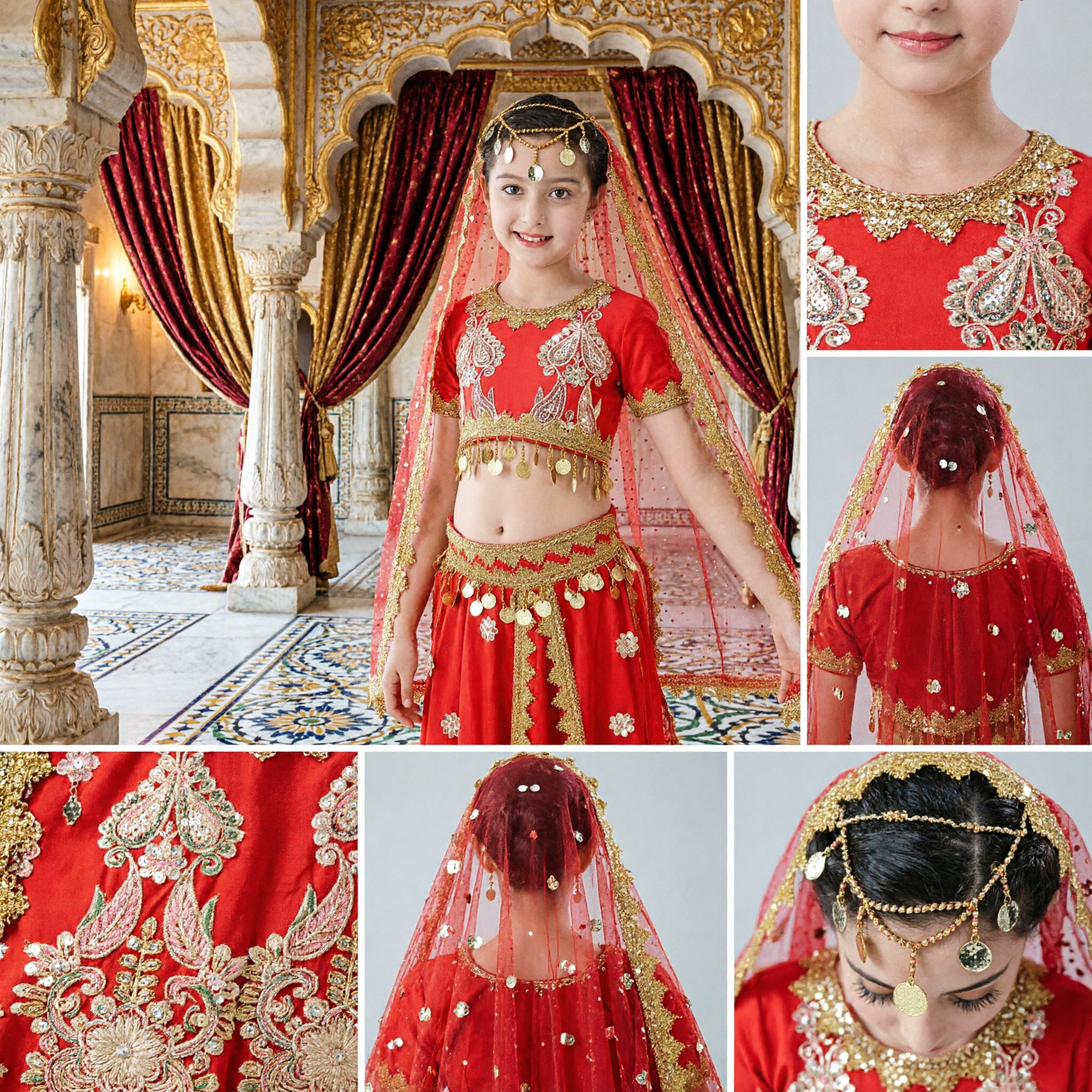 Kids Indian Bollywood Dance Costume Red Lehenga Choli Belly Dance Outfit with Veil for Girls Stage Performance - Asian Costume