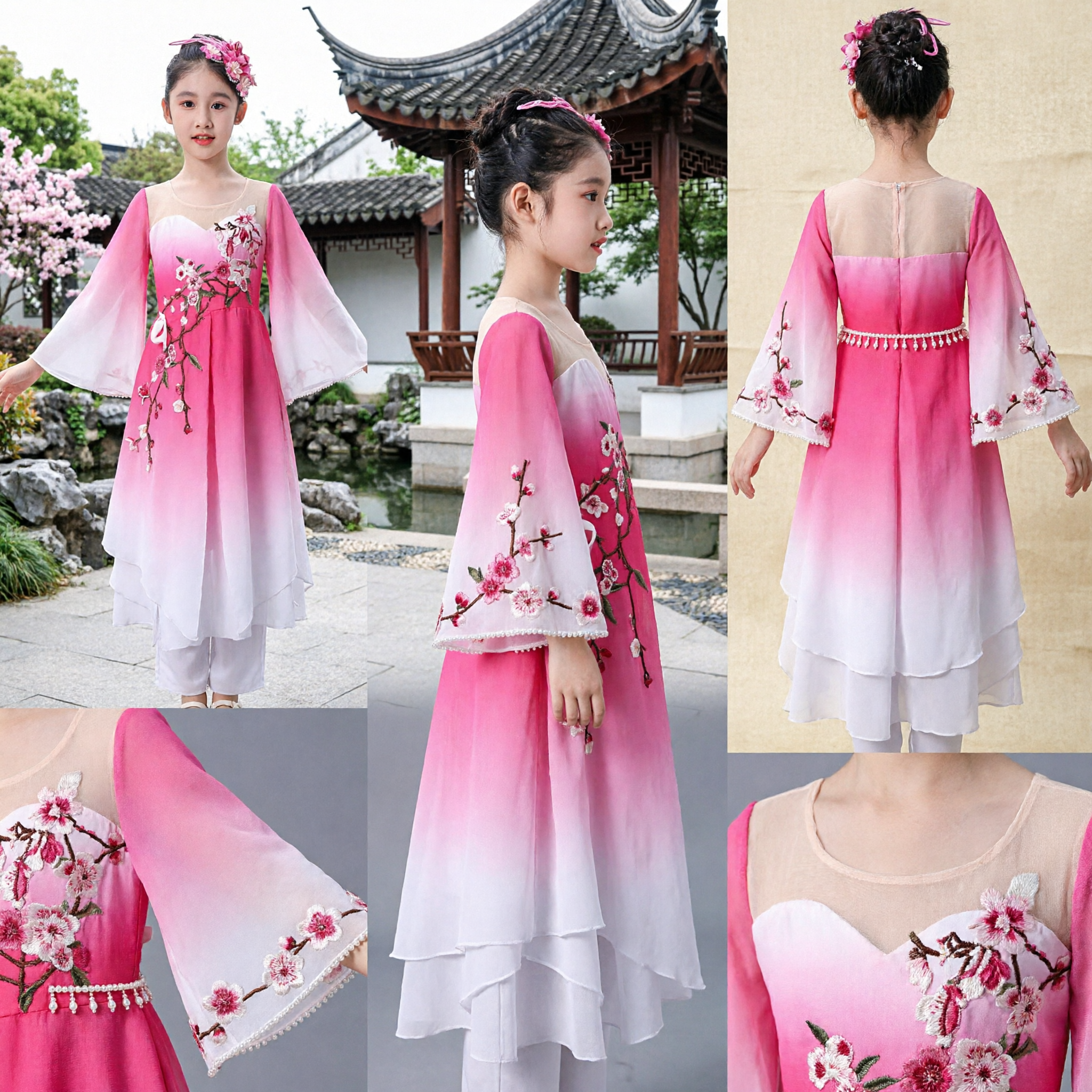 Traditional Chinese Dress for Girls Pink Gradient Hanfu Folk Dance Costume with Floral Embroidery Kids Performance Outfit - Asian Costume