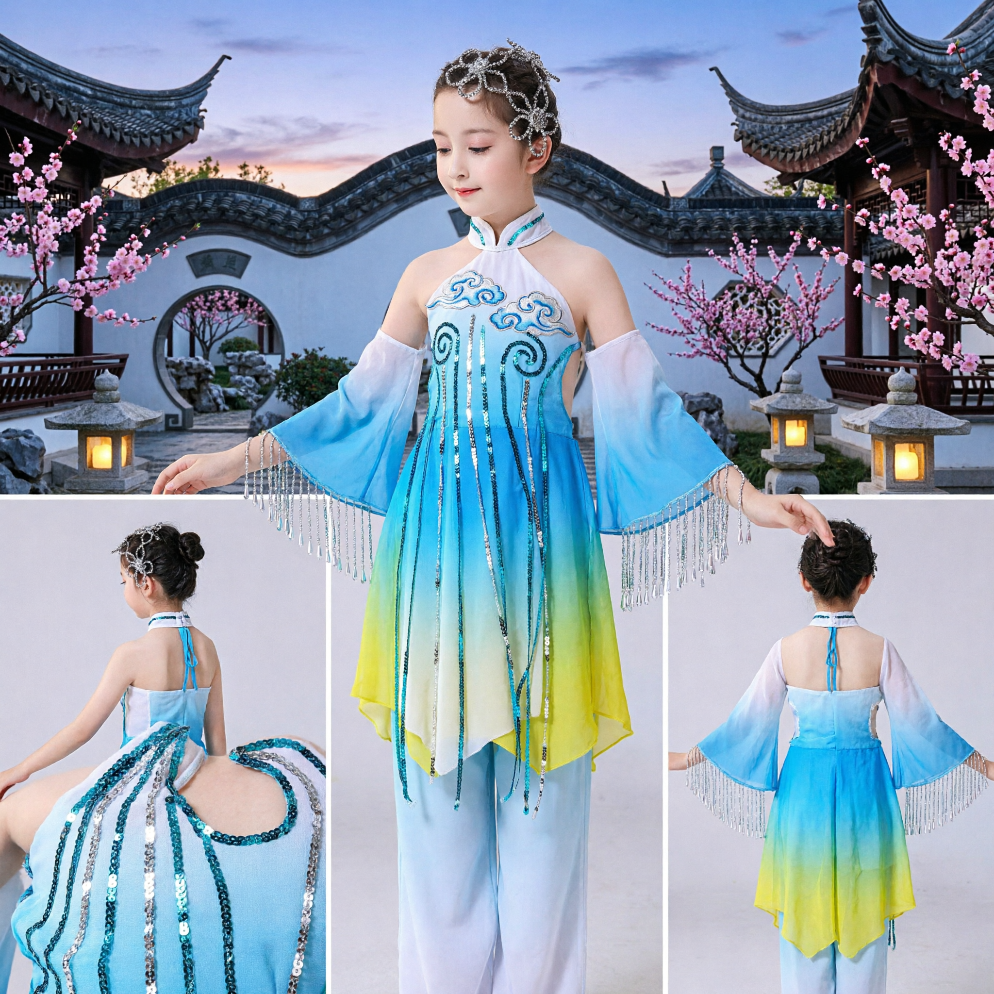Kids Chinese Classical Dance Costume Girls Blue Gradient Halter Dress with Silver Fringe for Stage Performance - Asian Costume