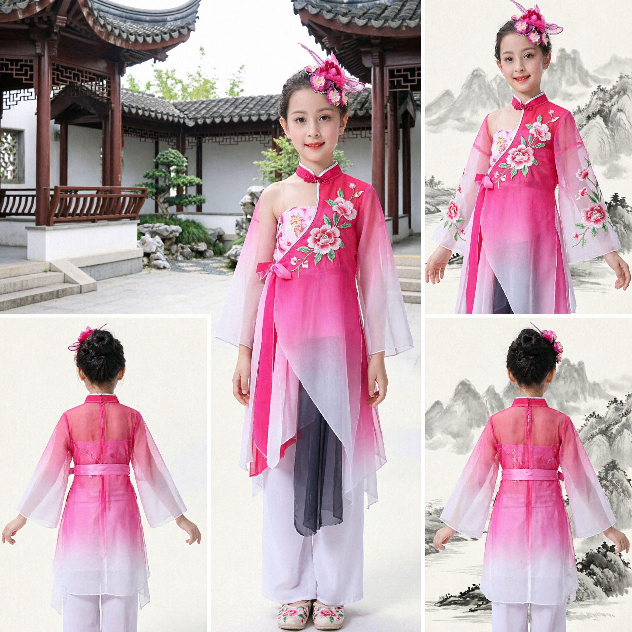 Pink Chinese Traditional Dance Costume for Girls Kids Classical Folk Dance Performance Outfit with Floral Headpiece - Asian Costume