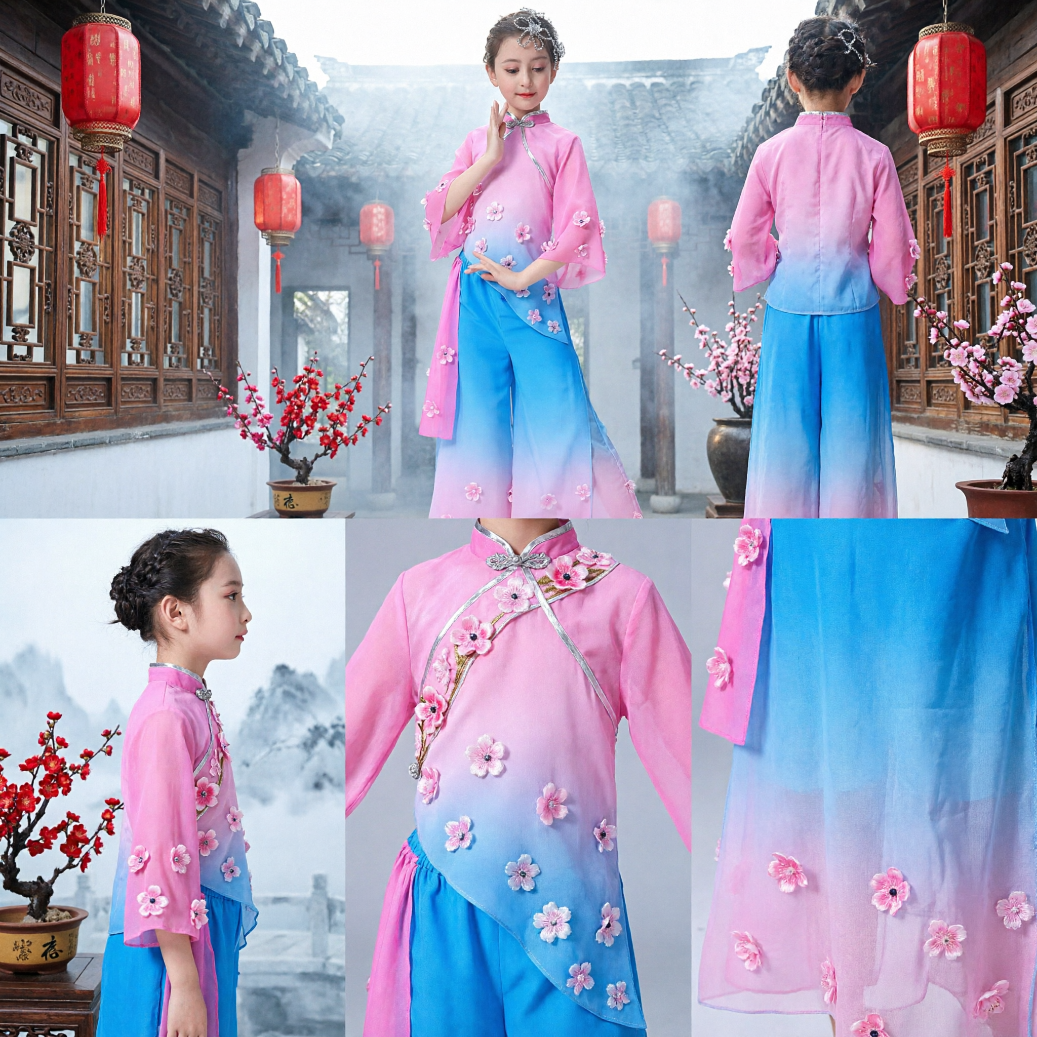 Children Traditional Chinese Folk Dance Costume Pink Blue Gradient Fan Dance Uniform Girls Stage Performance Outfit - Asian Costume