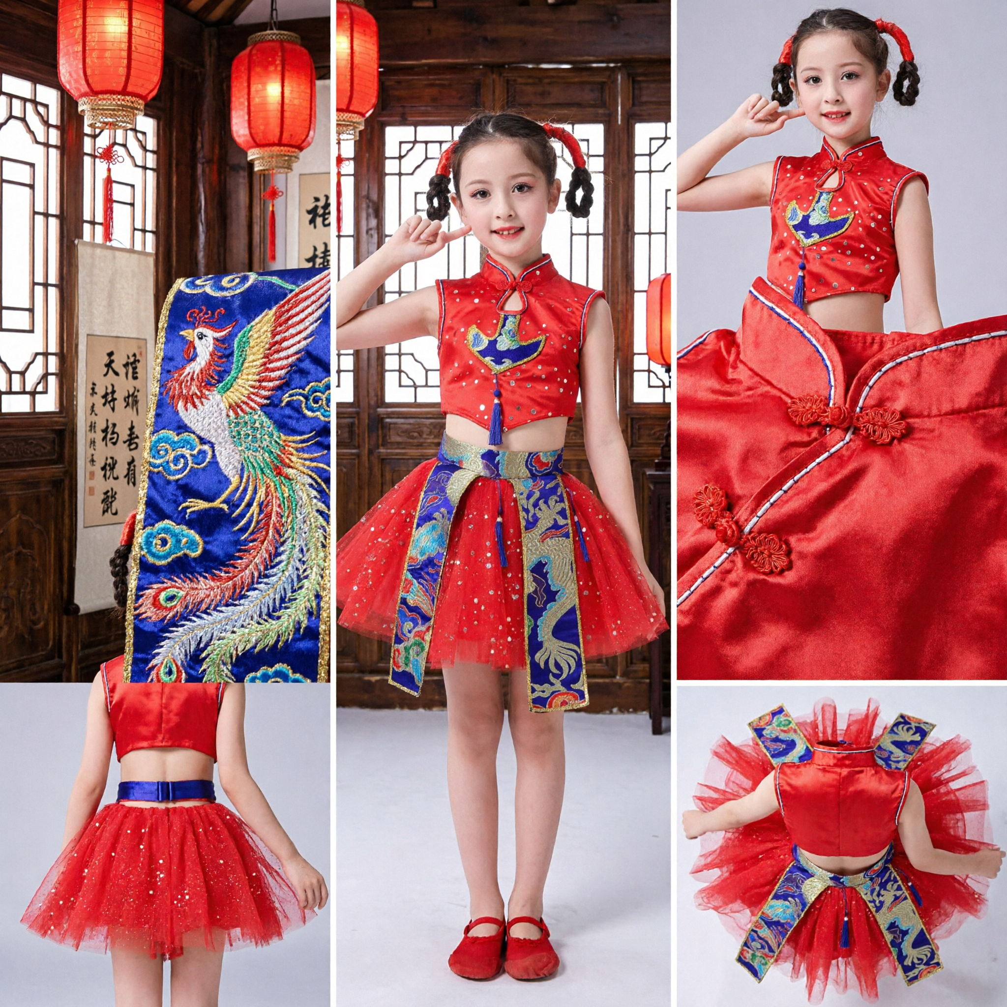 Girls Chinese Traditional Dance Costume Red Folk Performance Outfit Dragon Phoenix Embroidery Top Skirt Set - Asian Costume