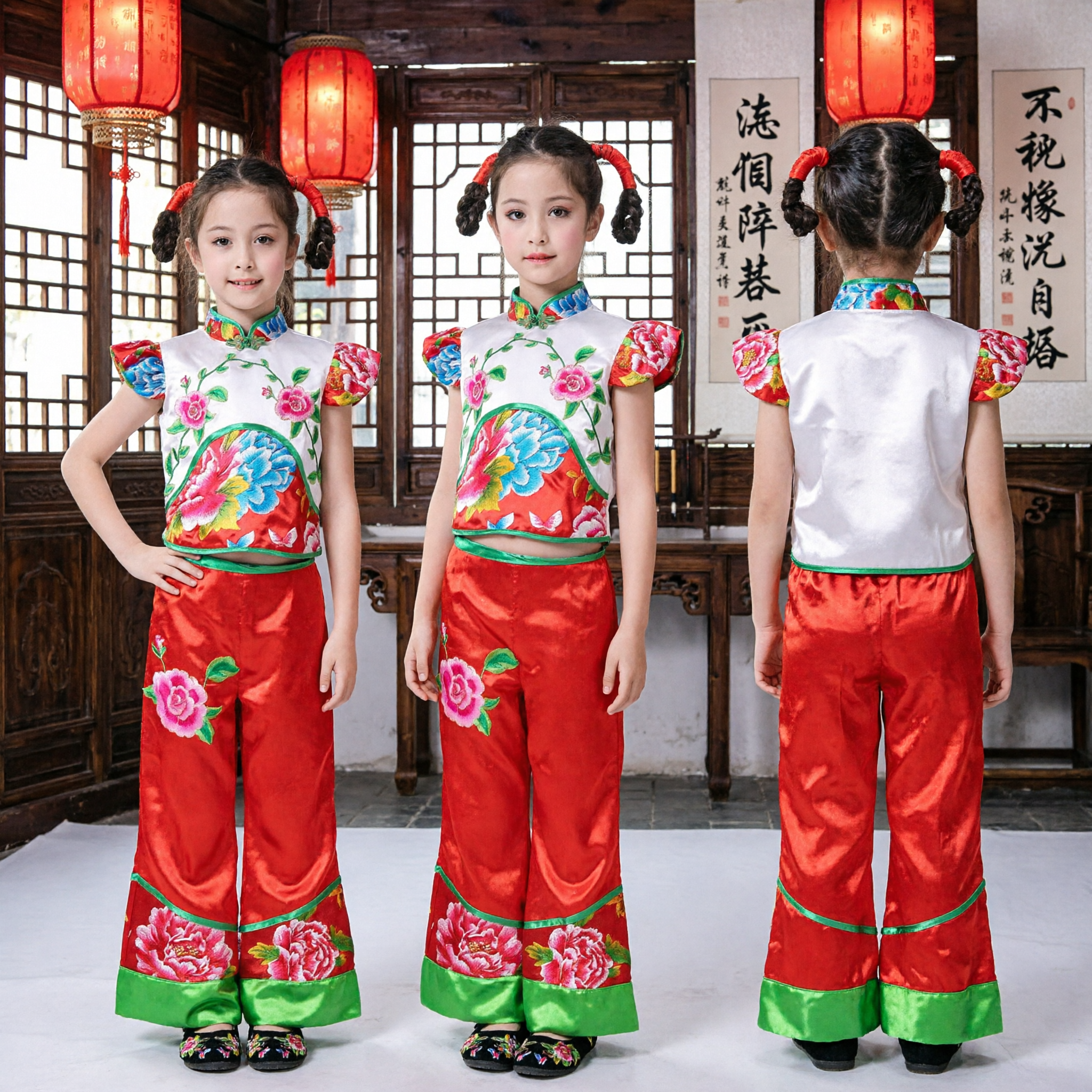 Chinese Folk Dance Costume for Kids Girls Traditional Yangge Stage Performance Floral Top Red Pants - Asian Costume