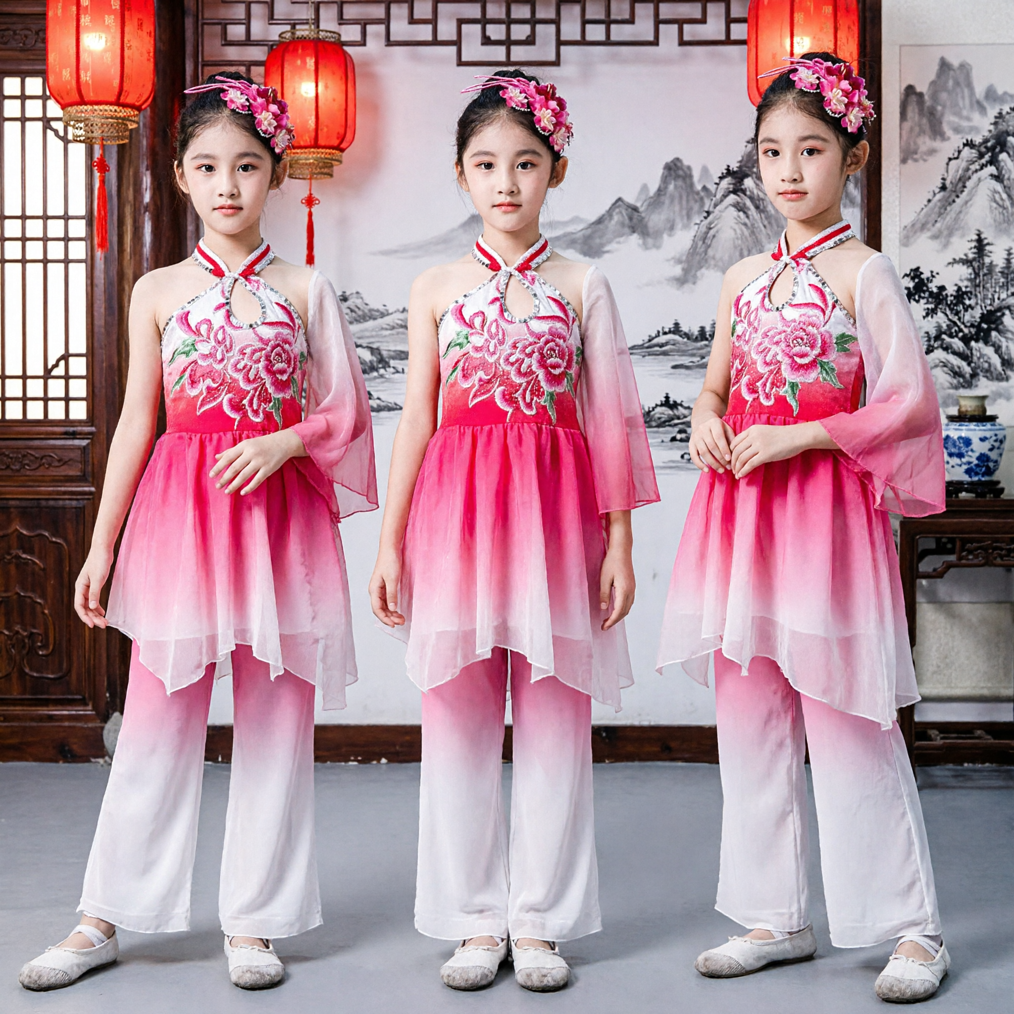 Girls Chinese Fan Dance Costume Pink Gradient Embroidery Traditional Folk Outfit for Kids Stage Performance - Asian Costume
