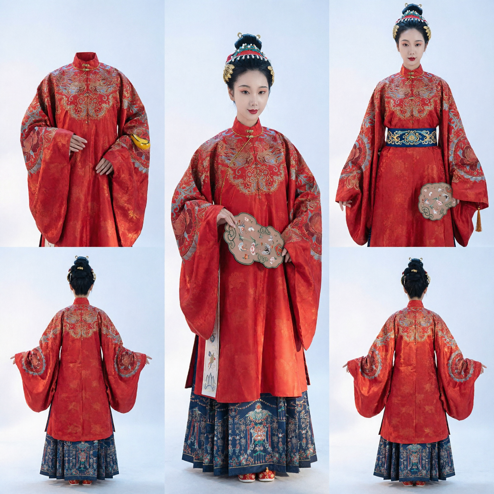Traditional Ming Dynasty Hanfu Wedding Dress Red Phoenix Embroidery Ao Robe and Blue Skirt Set for Women - Asian Costume