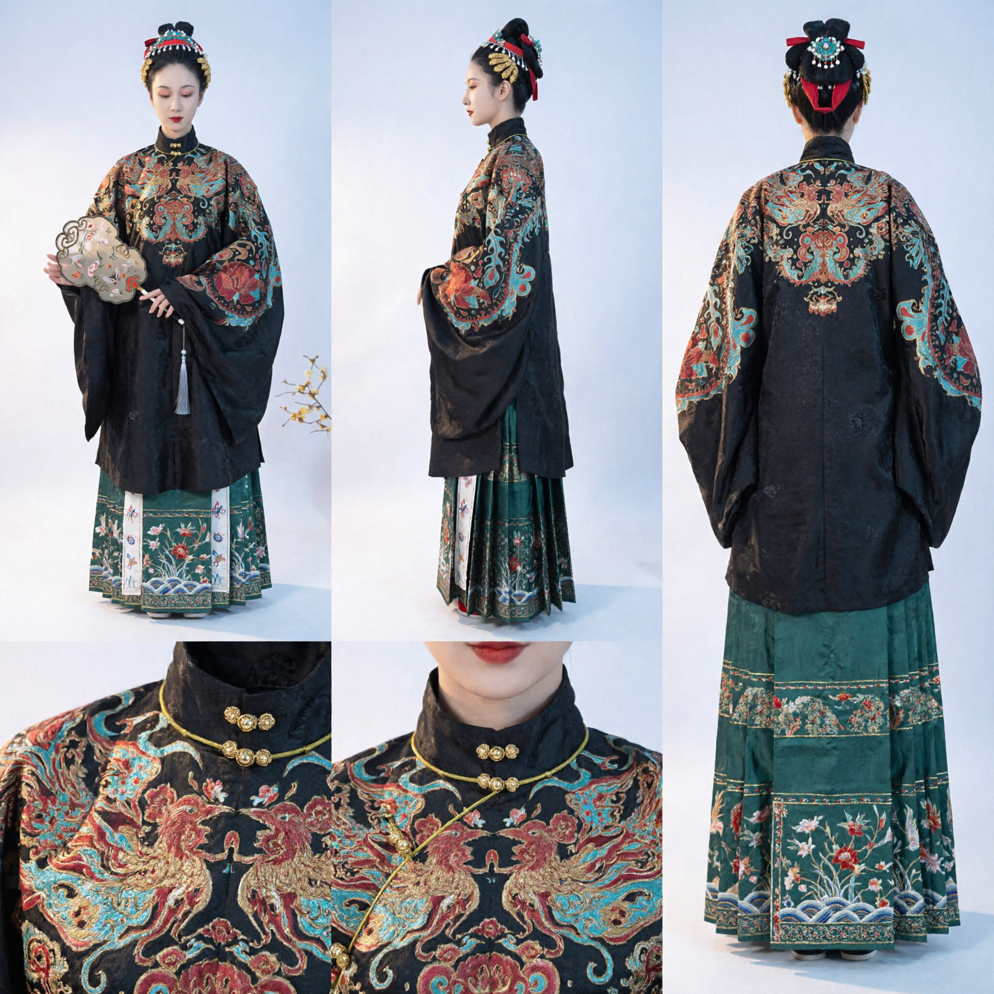 Traditional Chinese Ming Dynasty Hanfu Costume Women's Elegant Embroidered Black Robe and Green Skirt Set for Historical Events - Asian Costume