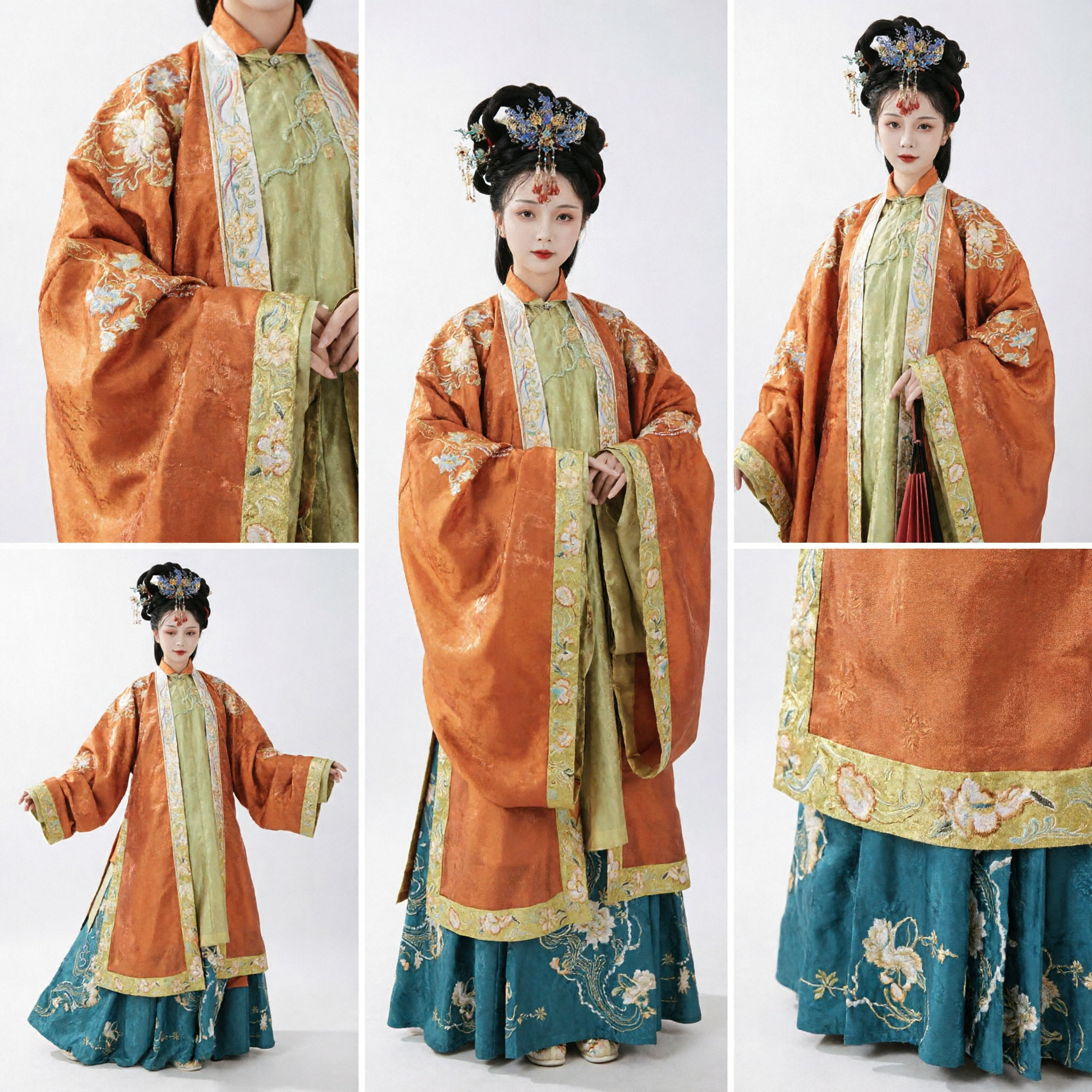 Traditional Chinese Ming Dynasty Hanfu Costume Women Orange Floral Embroidered Jacket Teal Skirt Ancient Palace Lady Outfit - Asian Costume