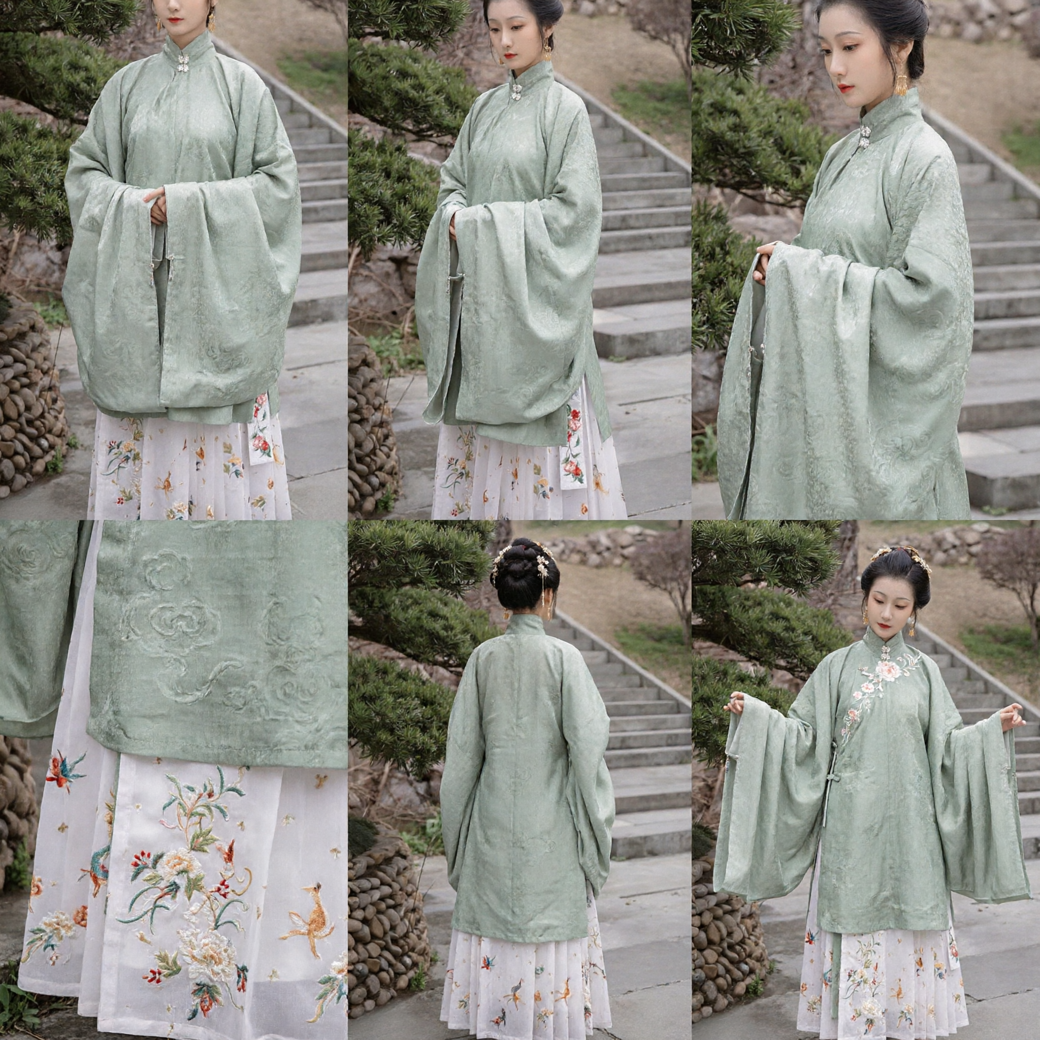 Traditional Chinese Ming Dynasty Hanfu Set Green Standing Collar Jacket and Floral Pleated Skirt for Women - Asian Costume