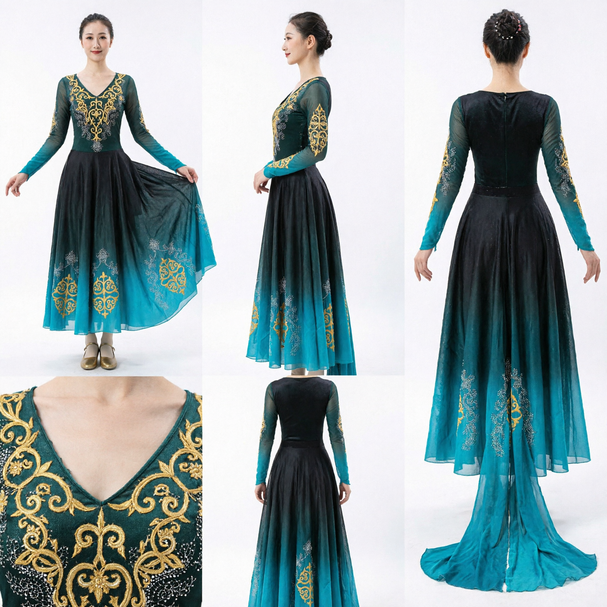 Women's Chinese Classical Dance Costume Green Gradient Gold Embroidery Long Sleeve Stage Performance Dress - Asian Costume