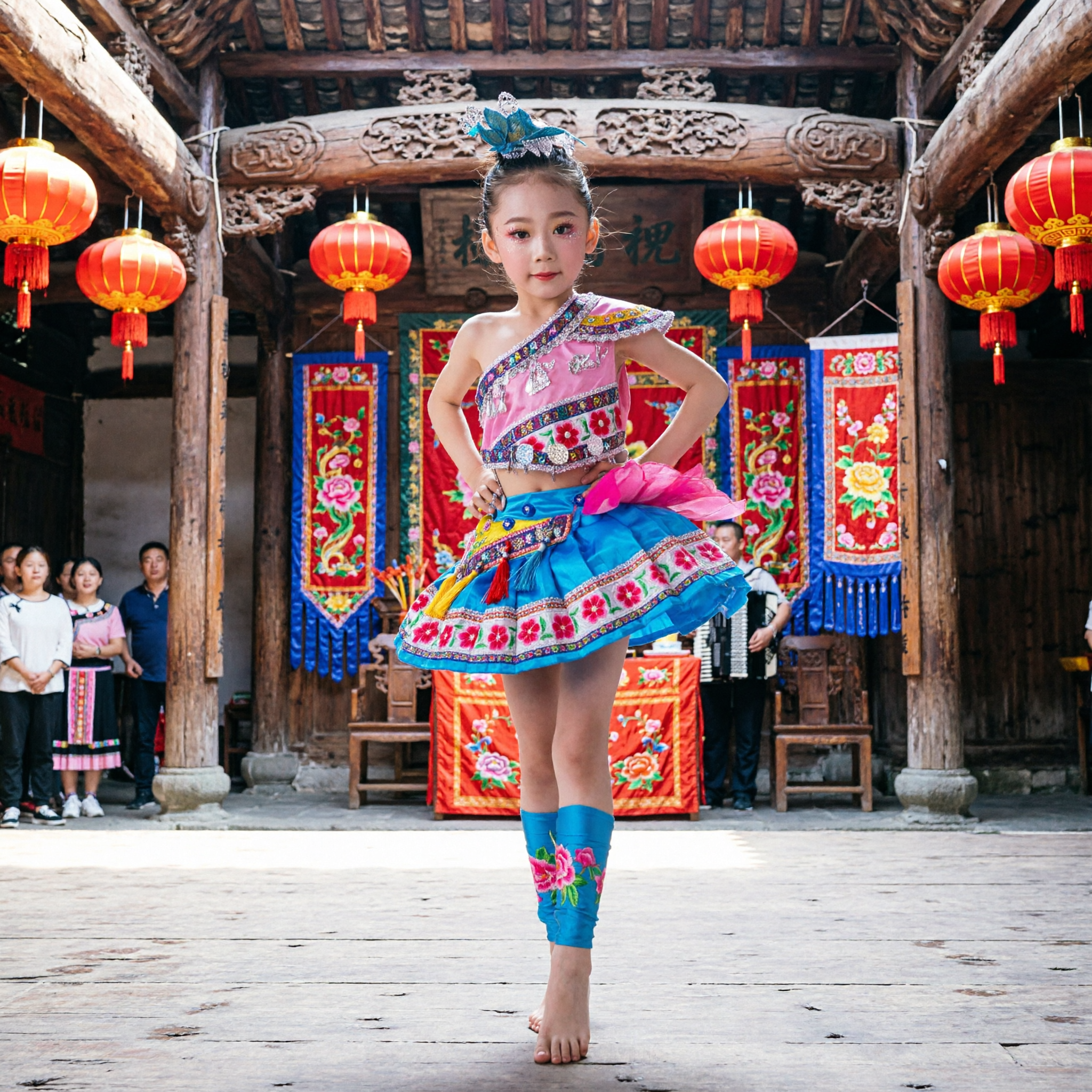 Kids Chinese Folk Dance Costume Girls Traditional Ethnic Minority Stage Performance Outfit Pink and Blue Dress - Asian Costume
