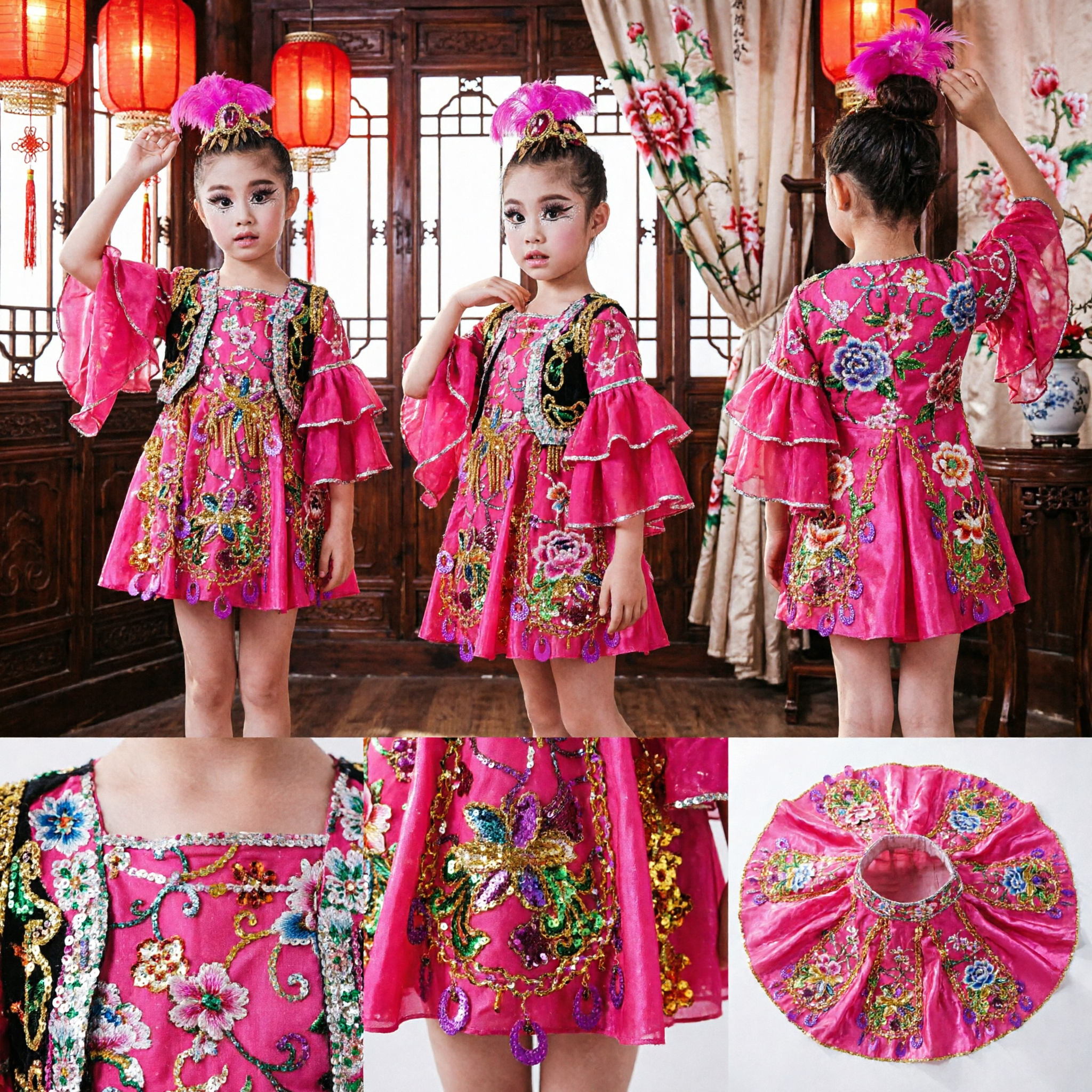 Girls Chinese Traditional Folk Dance Costume Pink Stage Performance Dress Ethnic Minority Outfit with Headpiece - Asian Costume