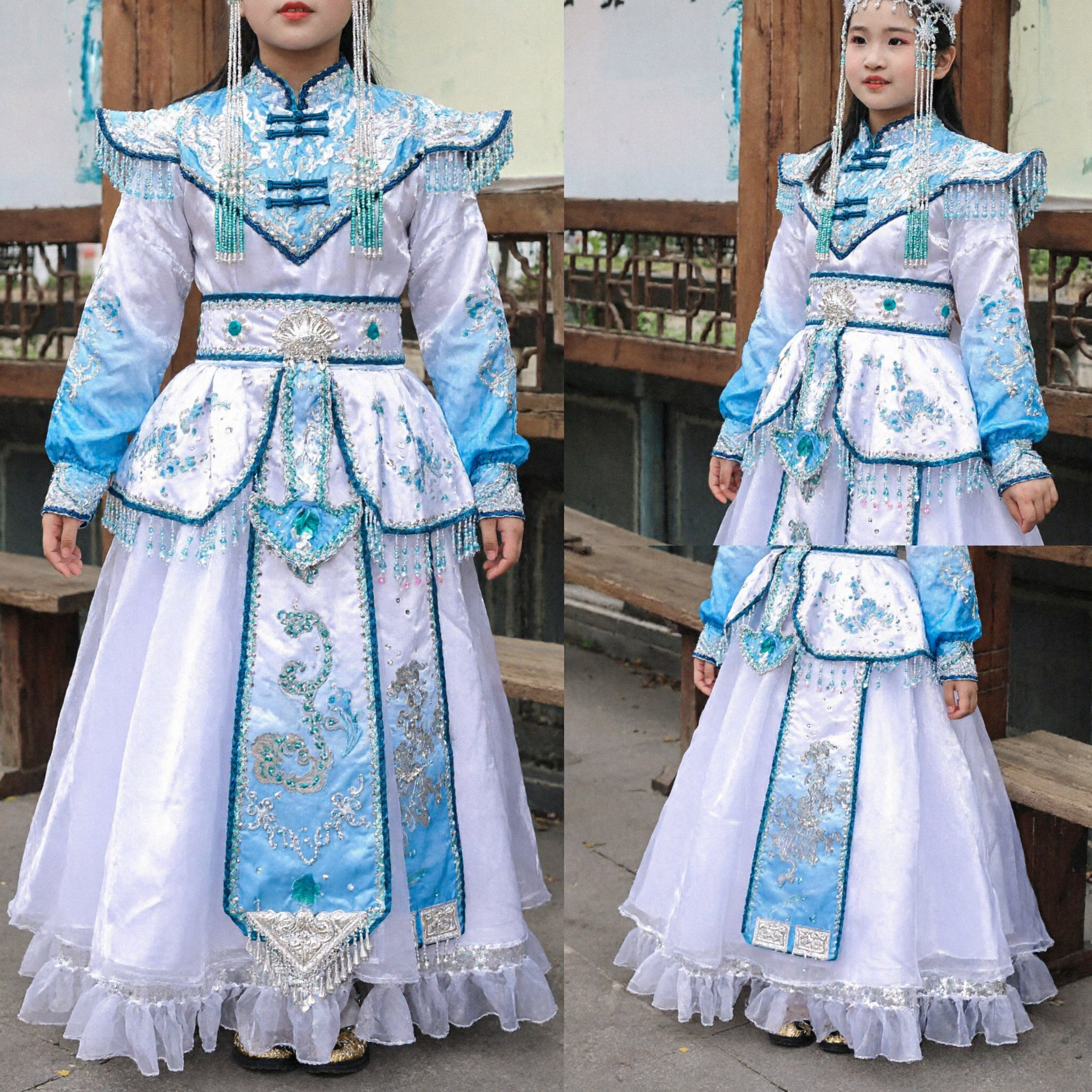 Kids Traditional Chinese Mongolian Ethnic Dance Costume White Blue Performance Dress for Girls Stage Wear - Asian Costume