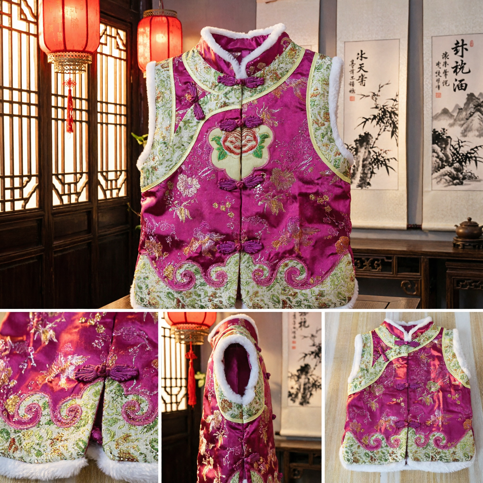 Traditional Chinese Pink Silk Tang Suit Vest with Fur Lining and Floral Embroidery for Kids New Year - Asian Costume