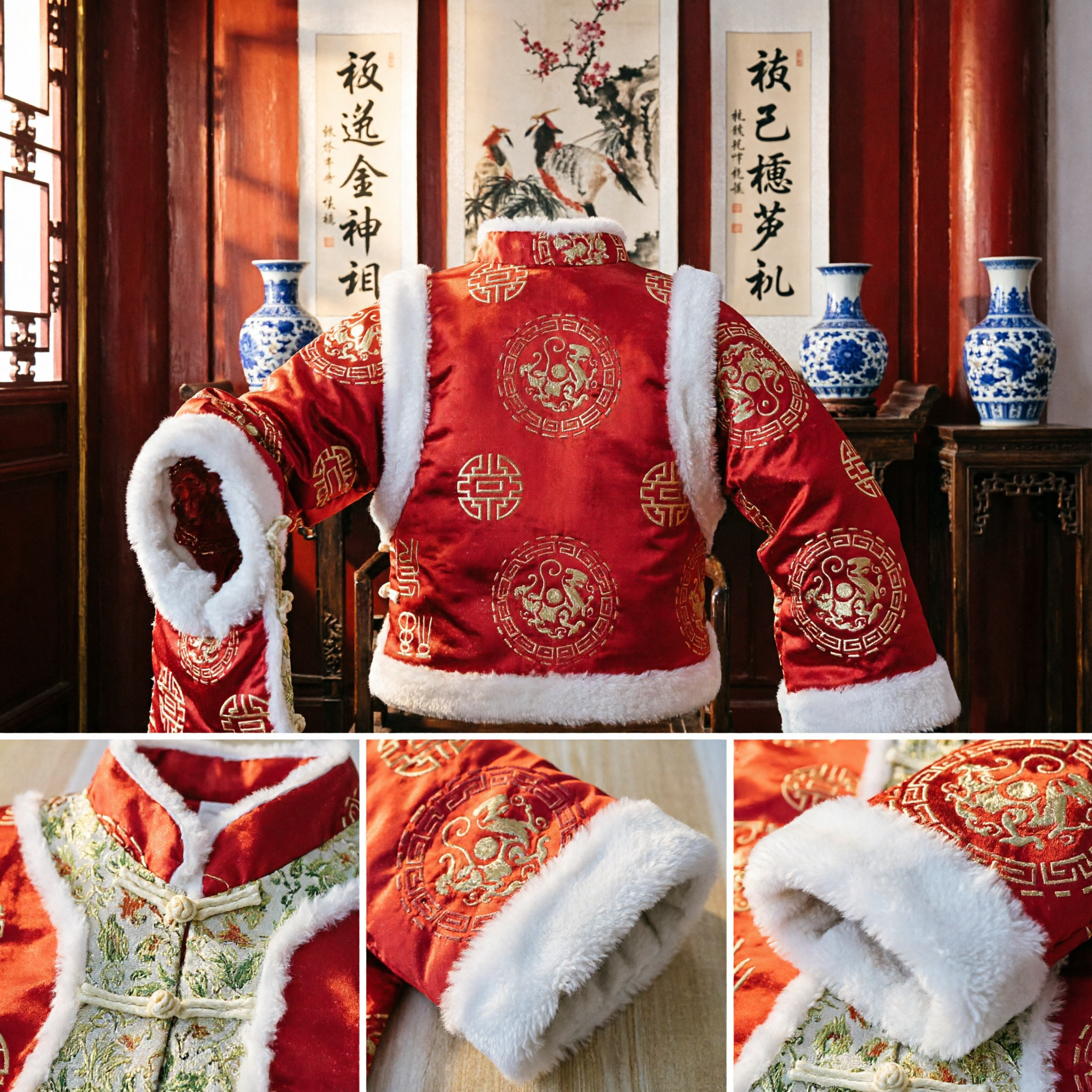 Traditional Chinese Baby Tang Suit Vest Red Embroidery Fur Trim Winter Warm Waistcoat for New Year - Asian Costume