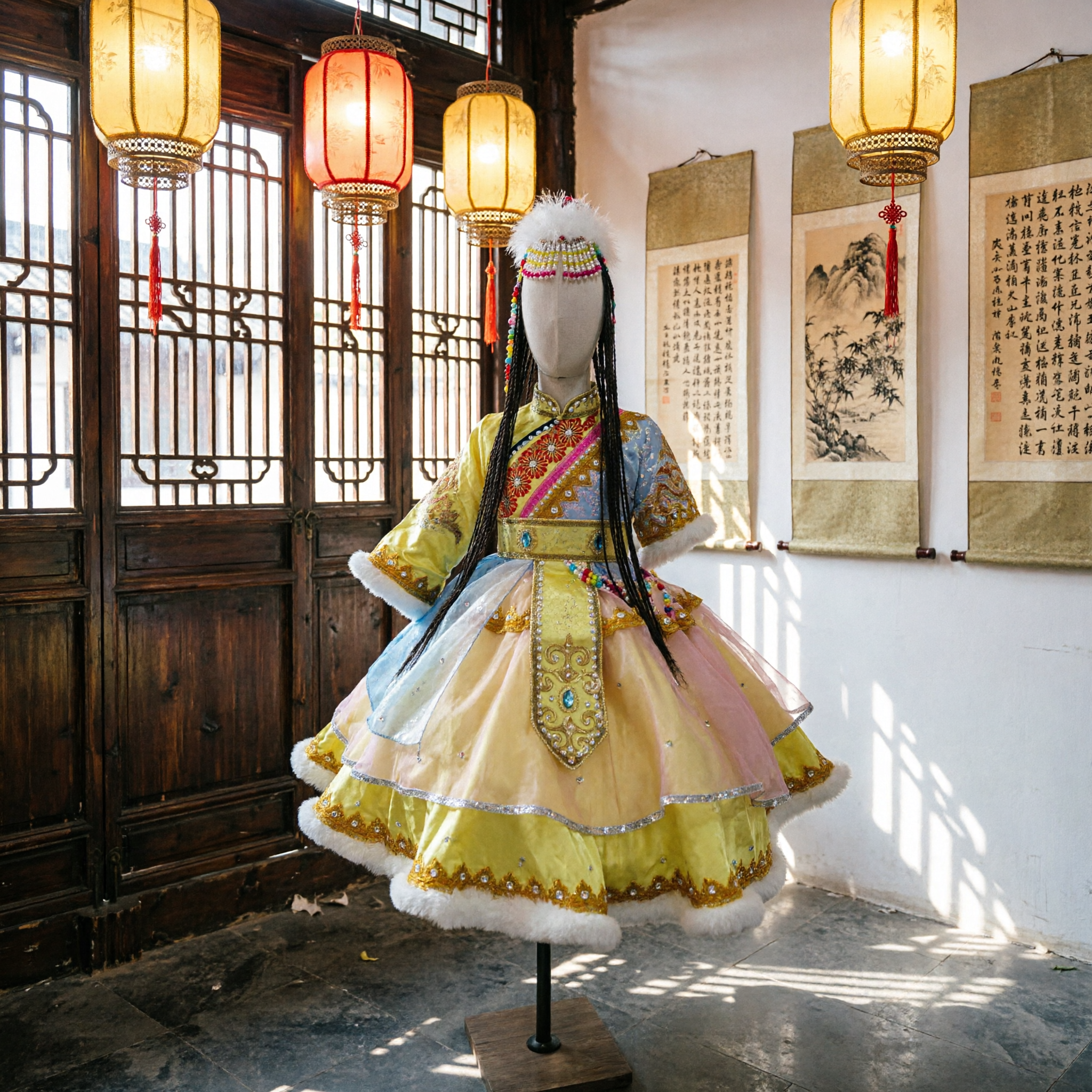 Traditional Chinese Mongolian Dance Costume Yellow and Blue Ethnic Folk Dress for Women Stage Performance - Asian Costume