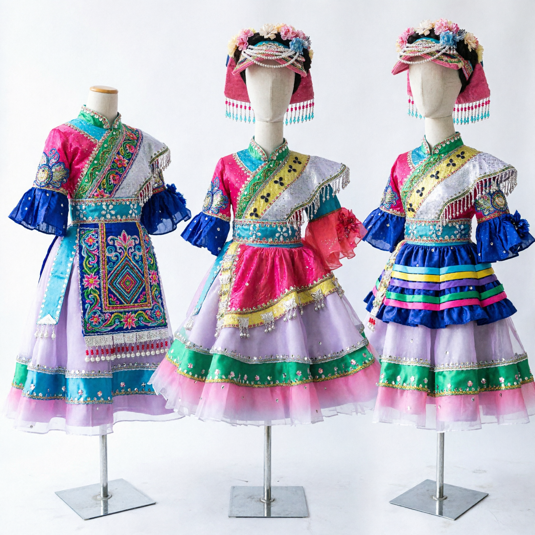 Traditional Chinese Miao Ethnic Minority Folk Dance Costume Embroidered Dress with Headdress for Girls Stage Performance - Asian Costume