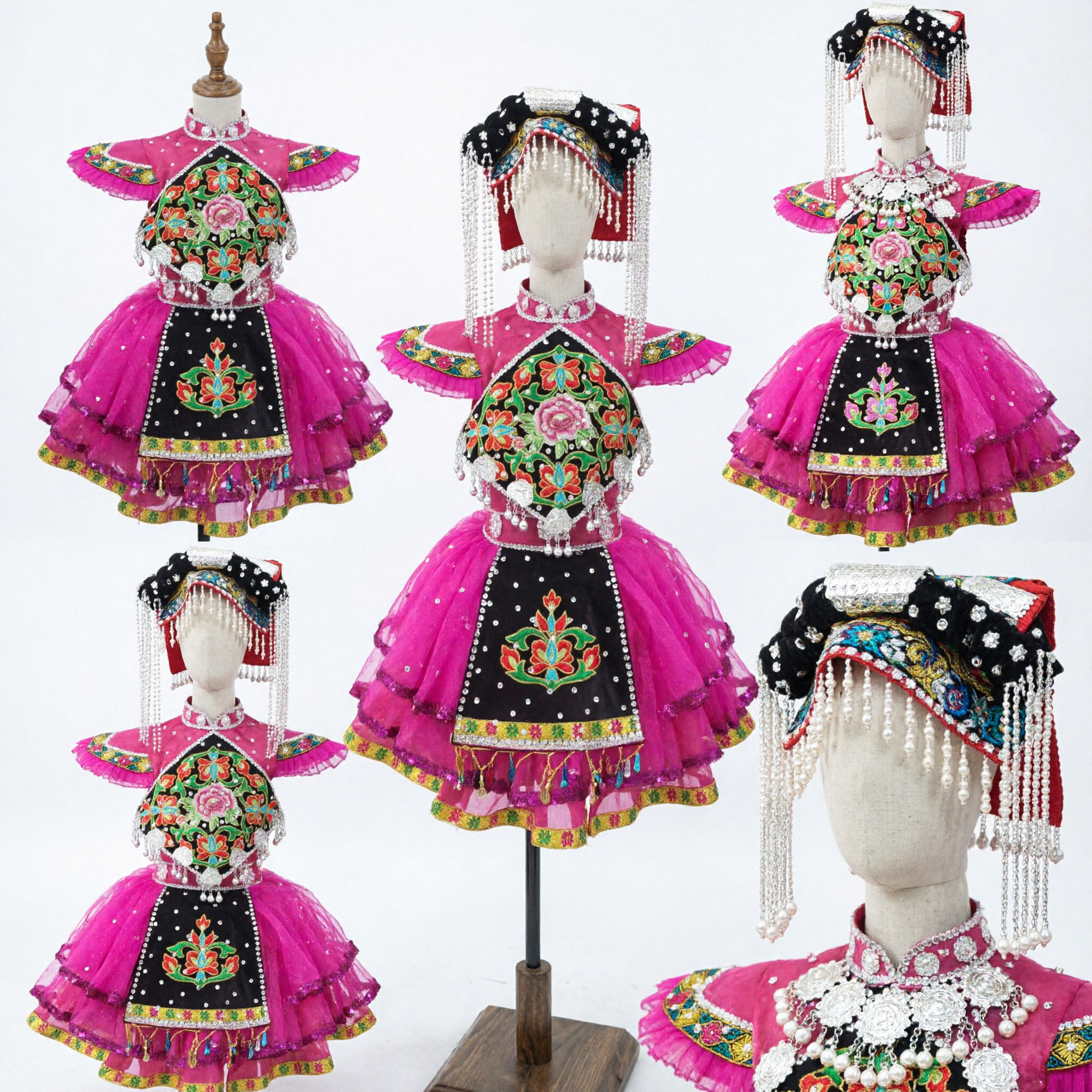 Traditional Chinese Miao Ethnic Minority Costume for Girls Pink Floral Embroidery Folk Dance Dress with Silver Headdress - Asian Costume