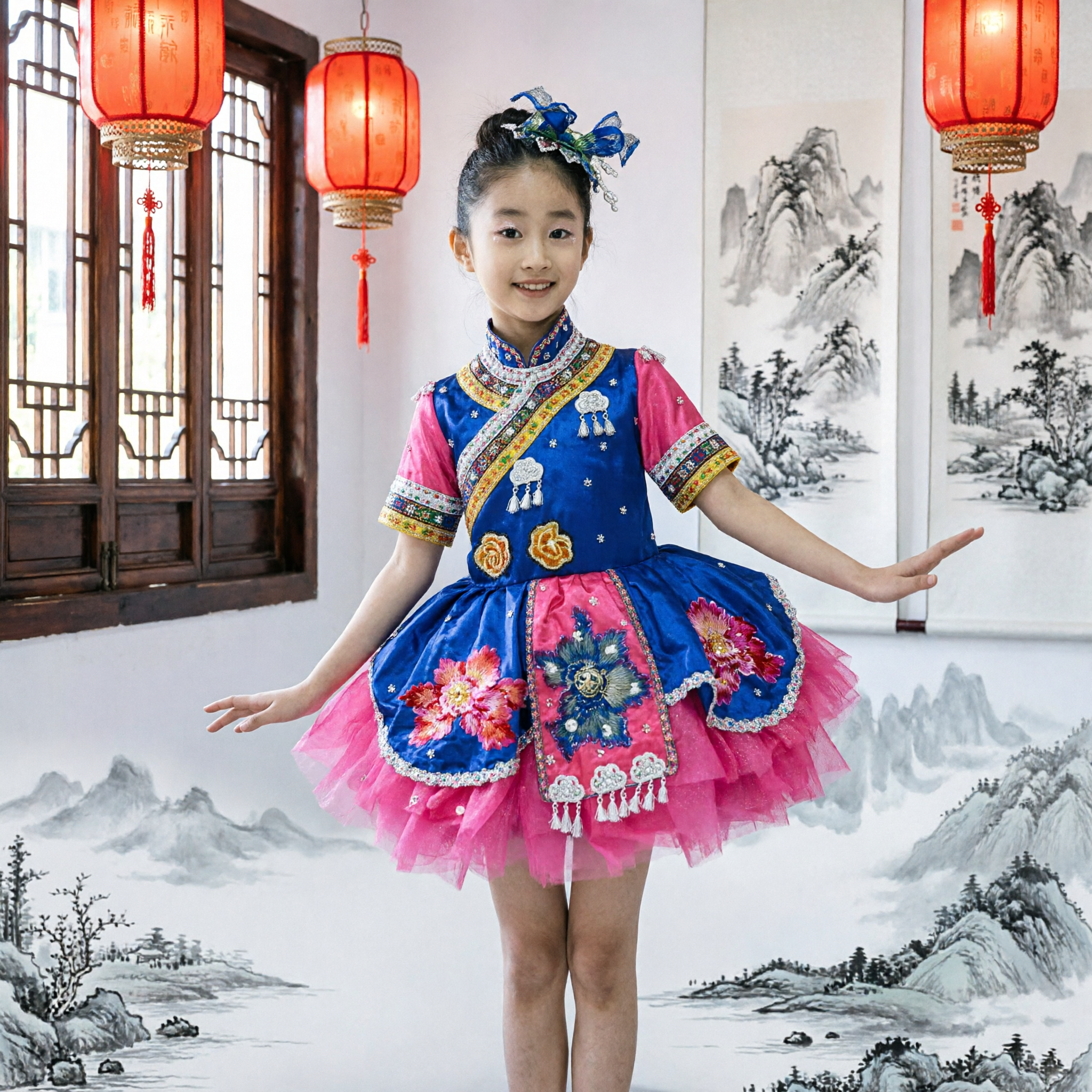 Traje de Dança do Grupo Étnico Minoritário Miao Chinês para Crianças, Vestido Tutu Tradicional Azul e Rosa para Performance no Palco - Asian Costume
