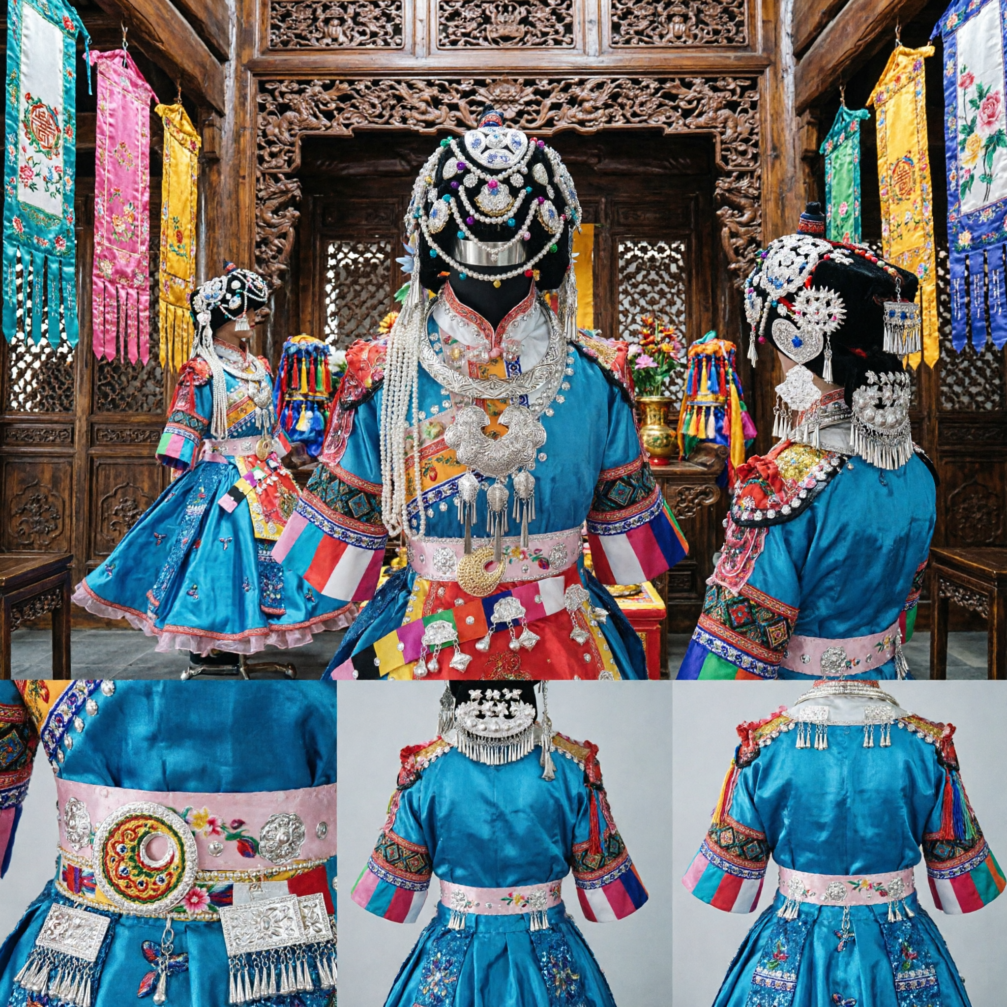 Traditional Chinese Miao Ethnic Minority Blue Satin Dress with Silver Headdress for Stage Dance Performance - Asian Costume