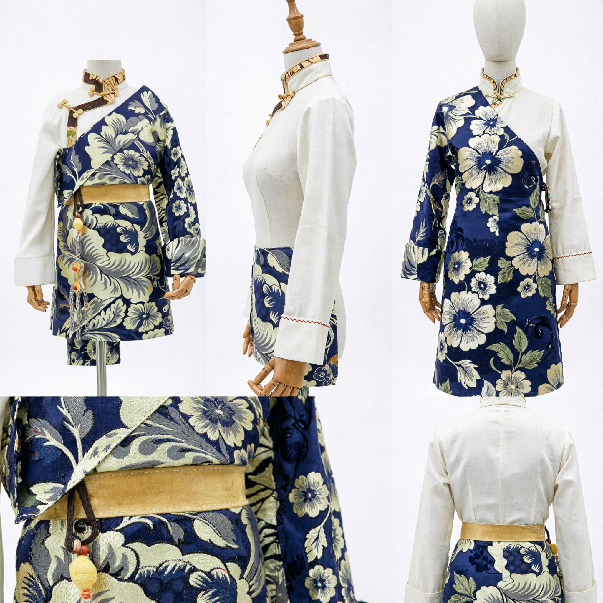 Men's Traditional Chinese Ethnic Costume Blue Floral Robe with Brown Hat and Jewelry for Stage Performance - Asian Costume