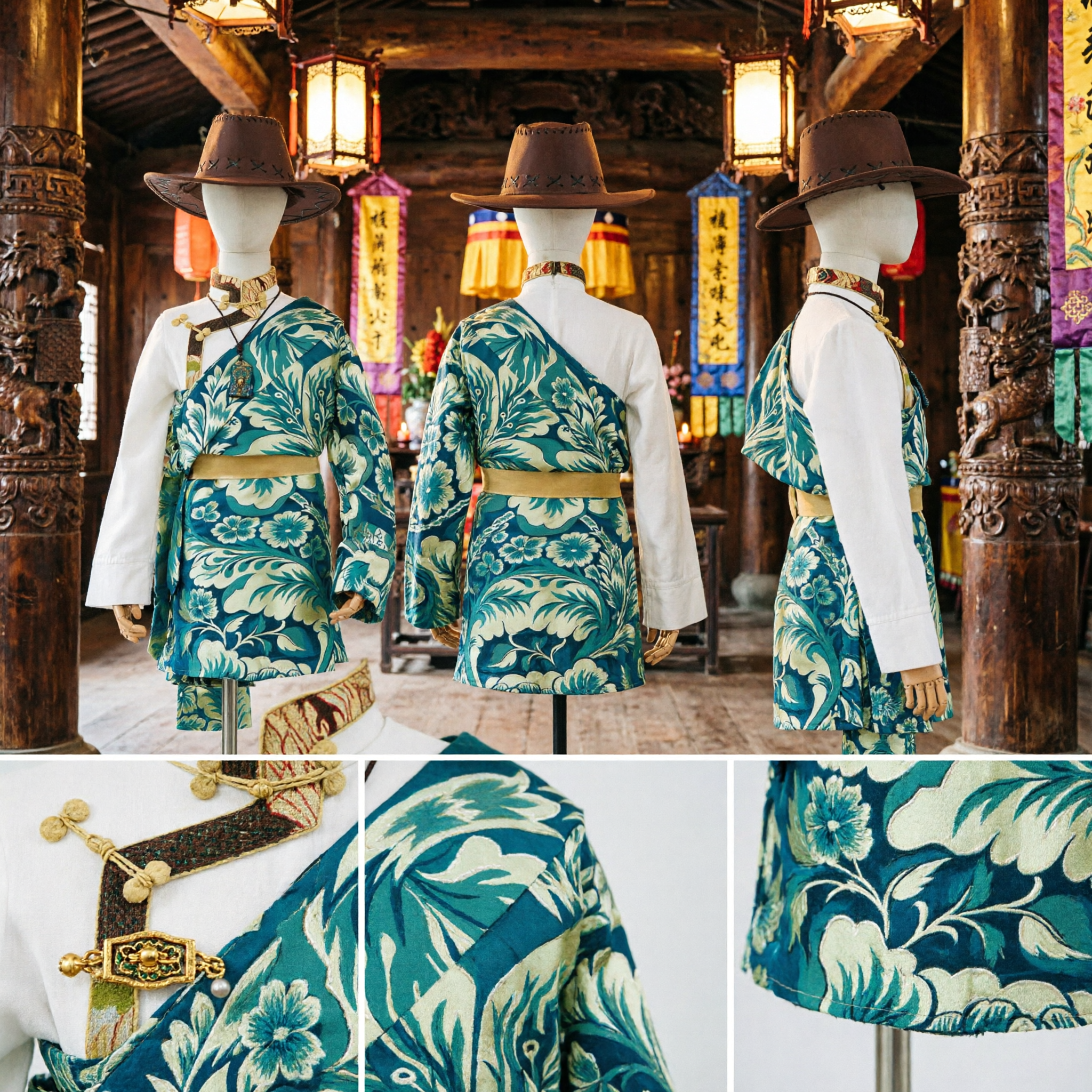 Traditional Tibetan Costume for Children Ethnic Folk Dance Performance Outfit Blue Floral Robe Set with Hat - Asian Costume