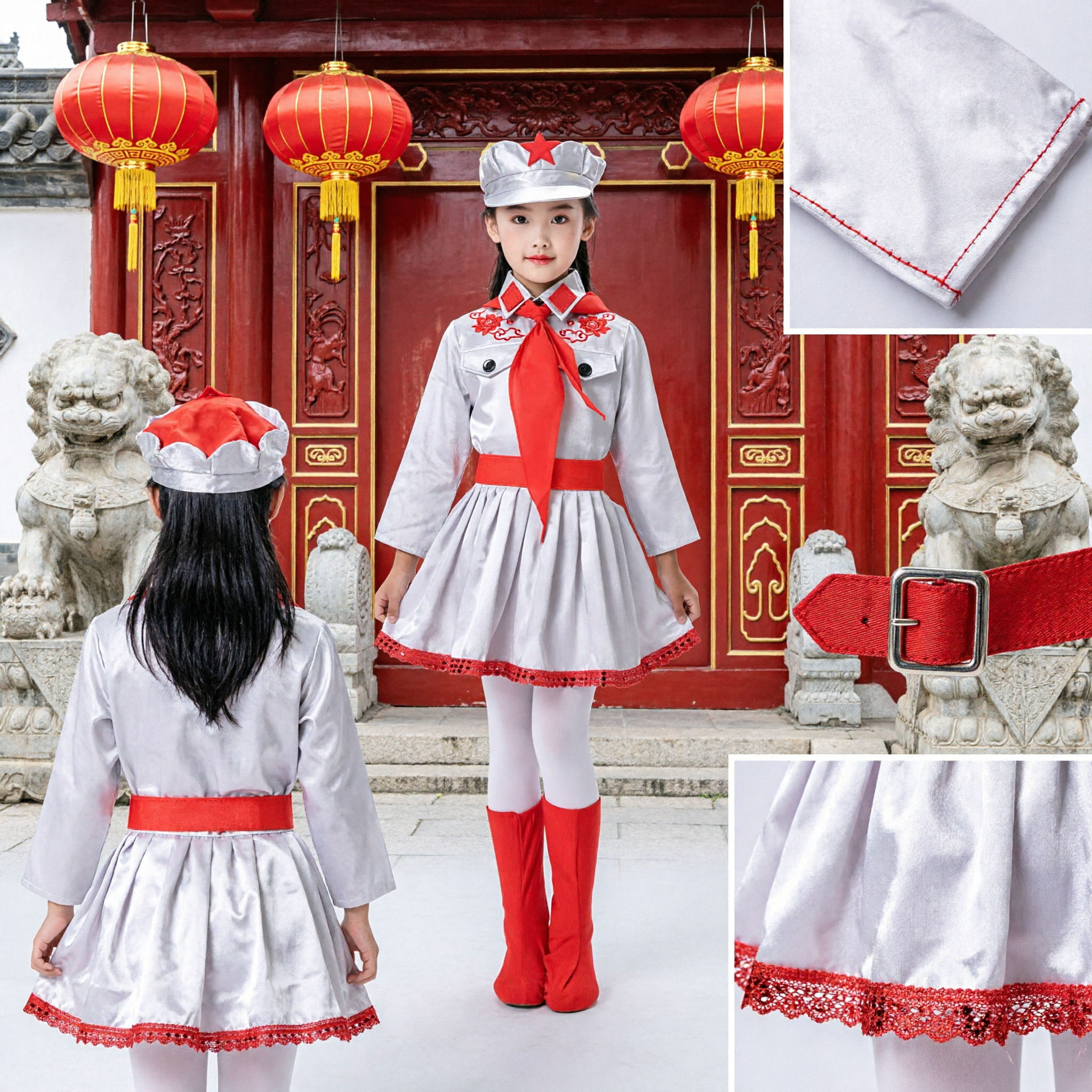 Girls Chinese Red Army Soldier Costume Kids Military Uniform Stage Performance Dance Outfit with Red Scarf - Asian Costume