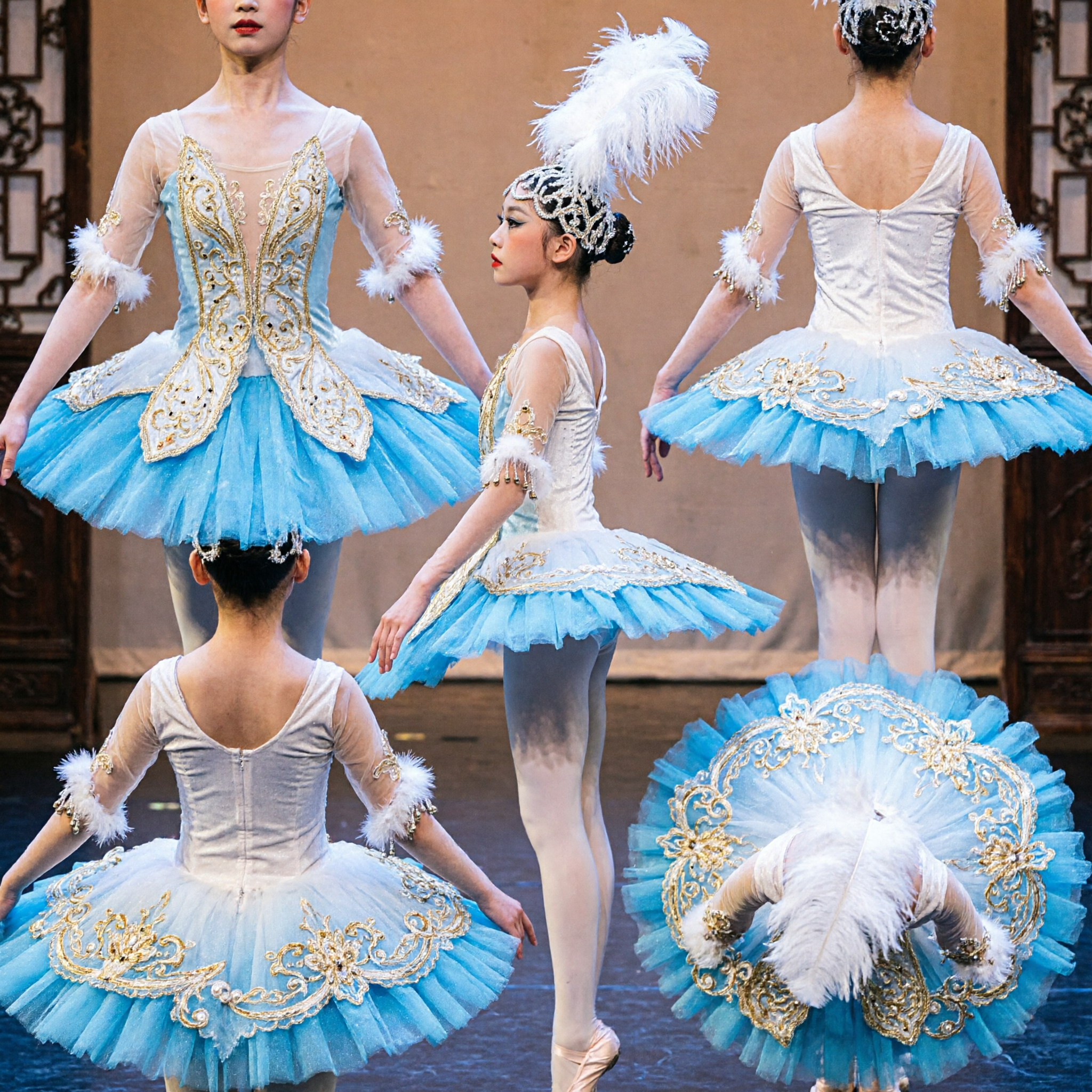 Children Girls Blue White Swan Ballet Dance Costume with Feather Headdress Stage Performance Outfit - Asian Costume