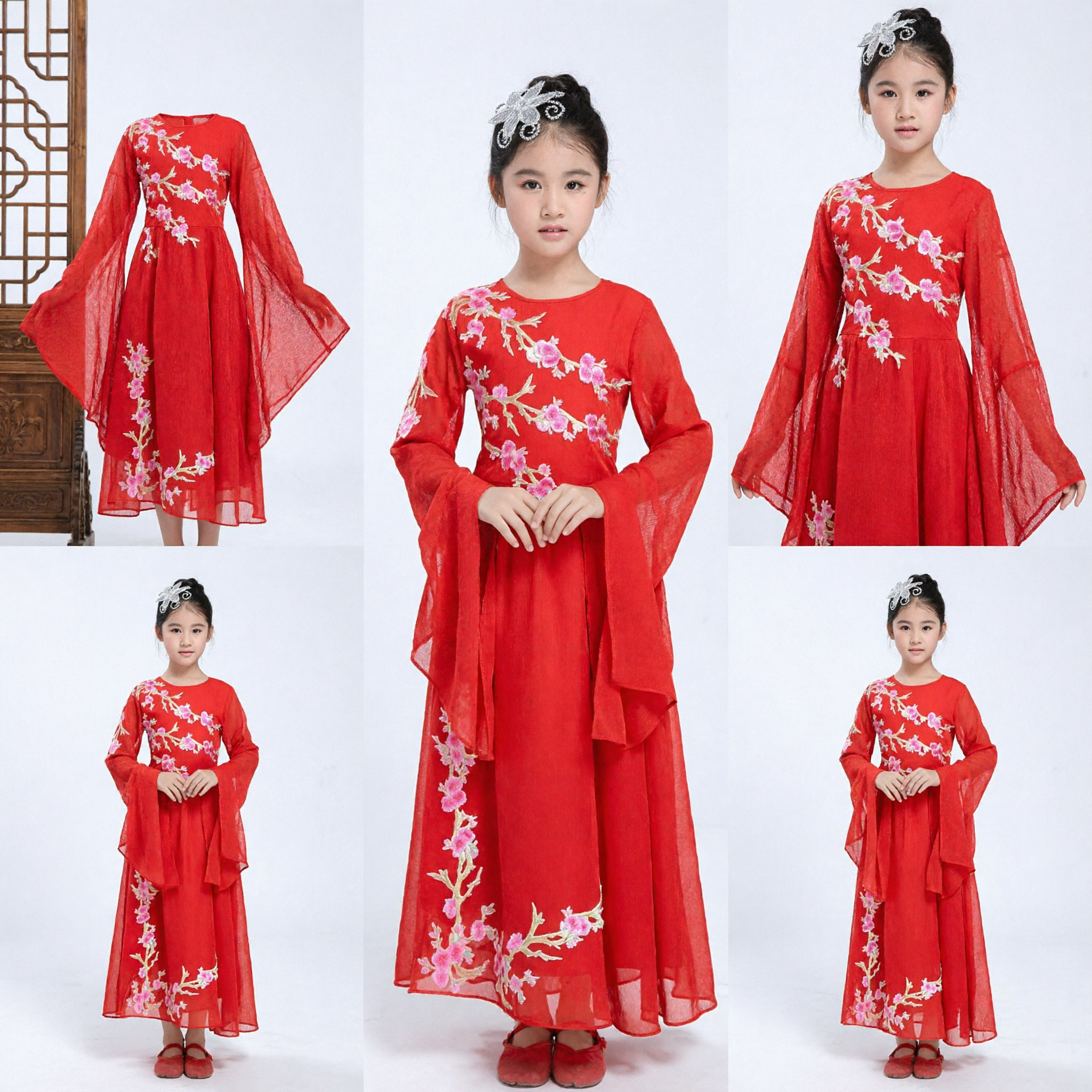 Traditional Chinese Red Hanfu Dress for Girls Kids Floral Embroidery Stage Dance Performance Costume - Asian Costume