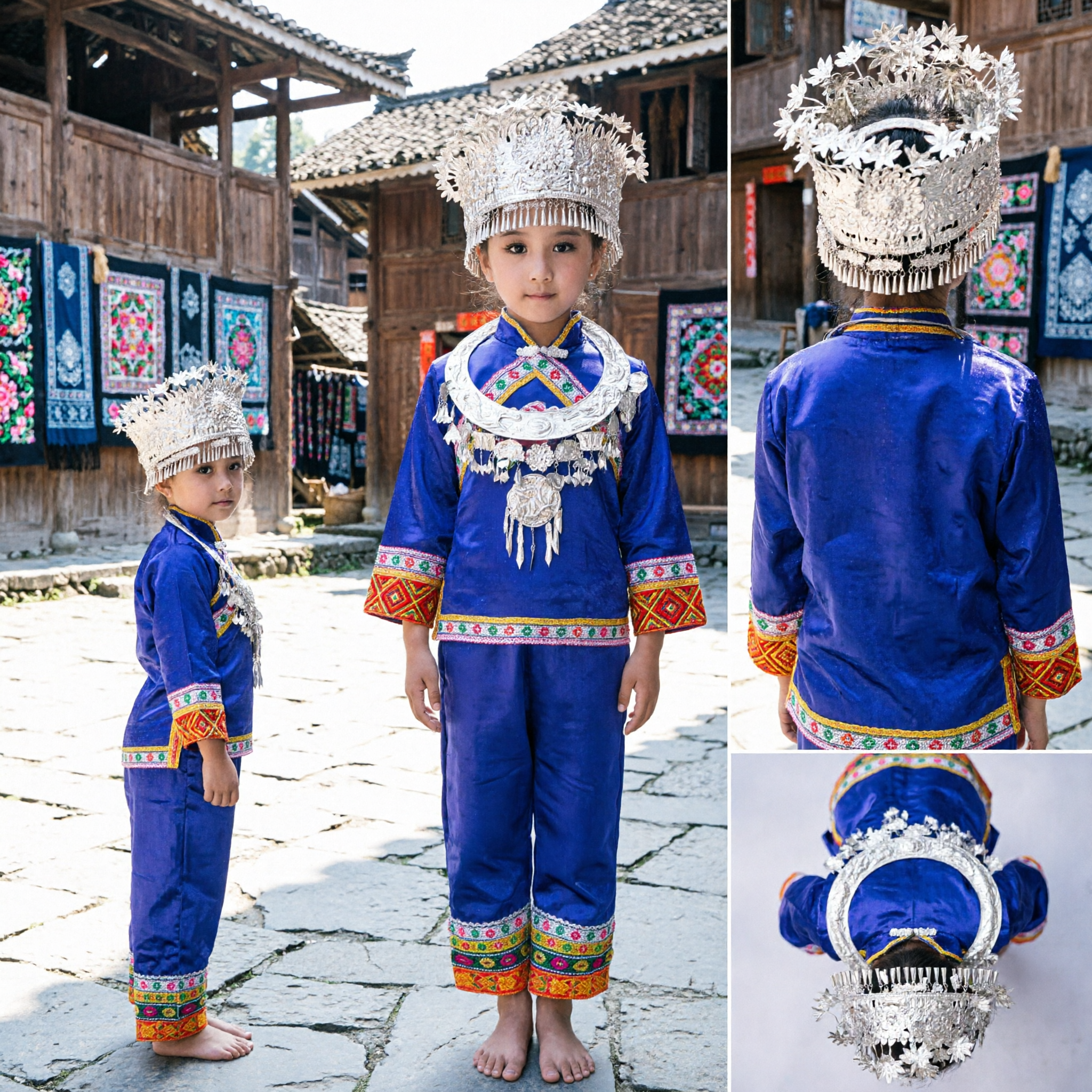 Traditional Miao Ethnic Costume for Girls Blue Embroidered Dance Outfit with Silver Jewelry for Kids Stage Performance - Asian Costume