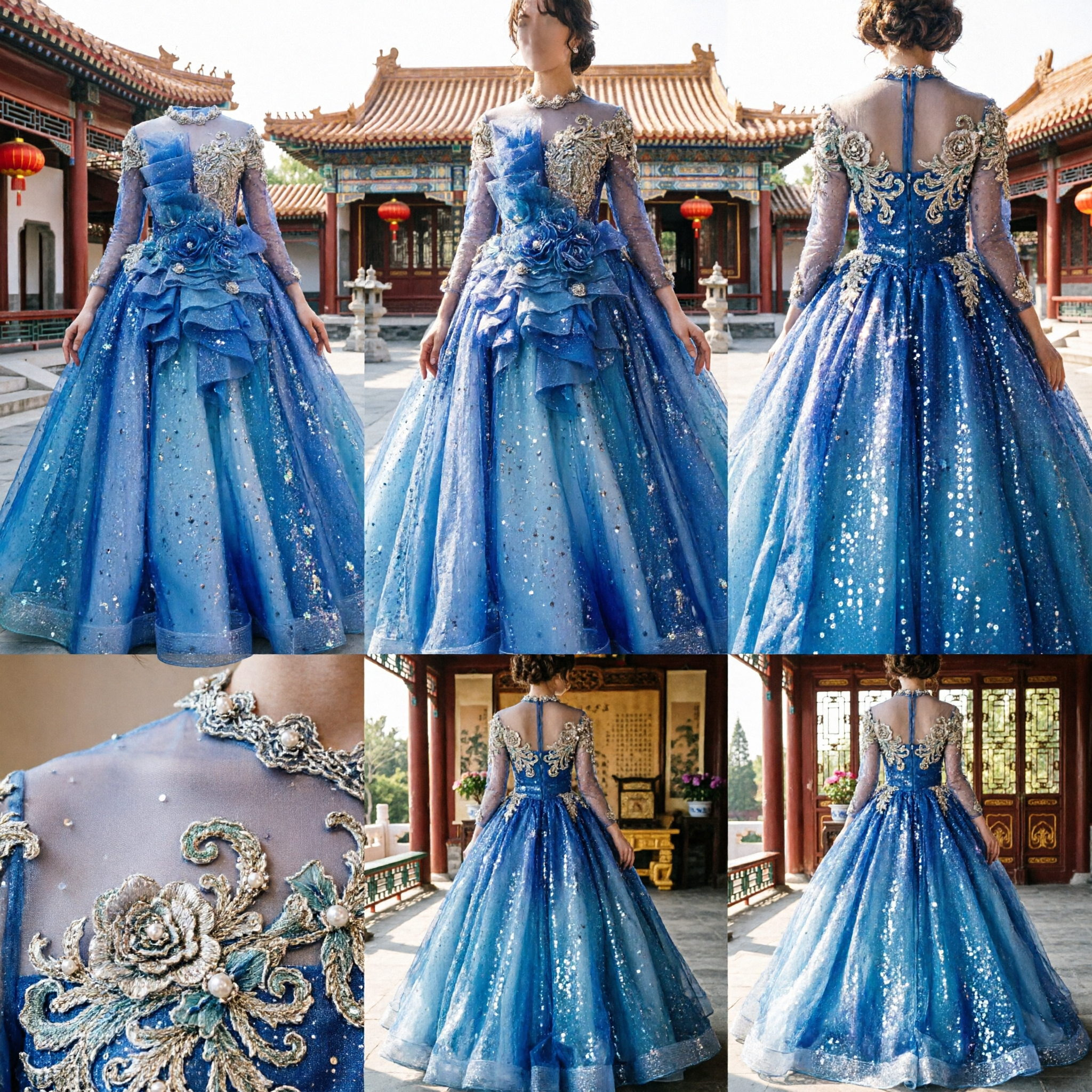 Luxury Blue Cinderella Ball Gown with Ruffled Bodice and Sparkly Starry Skirt for Prom or Cosplay - Asian Costume