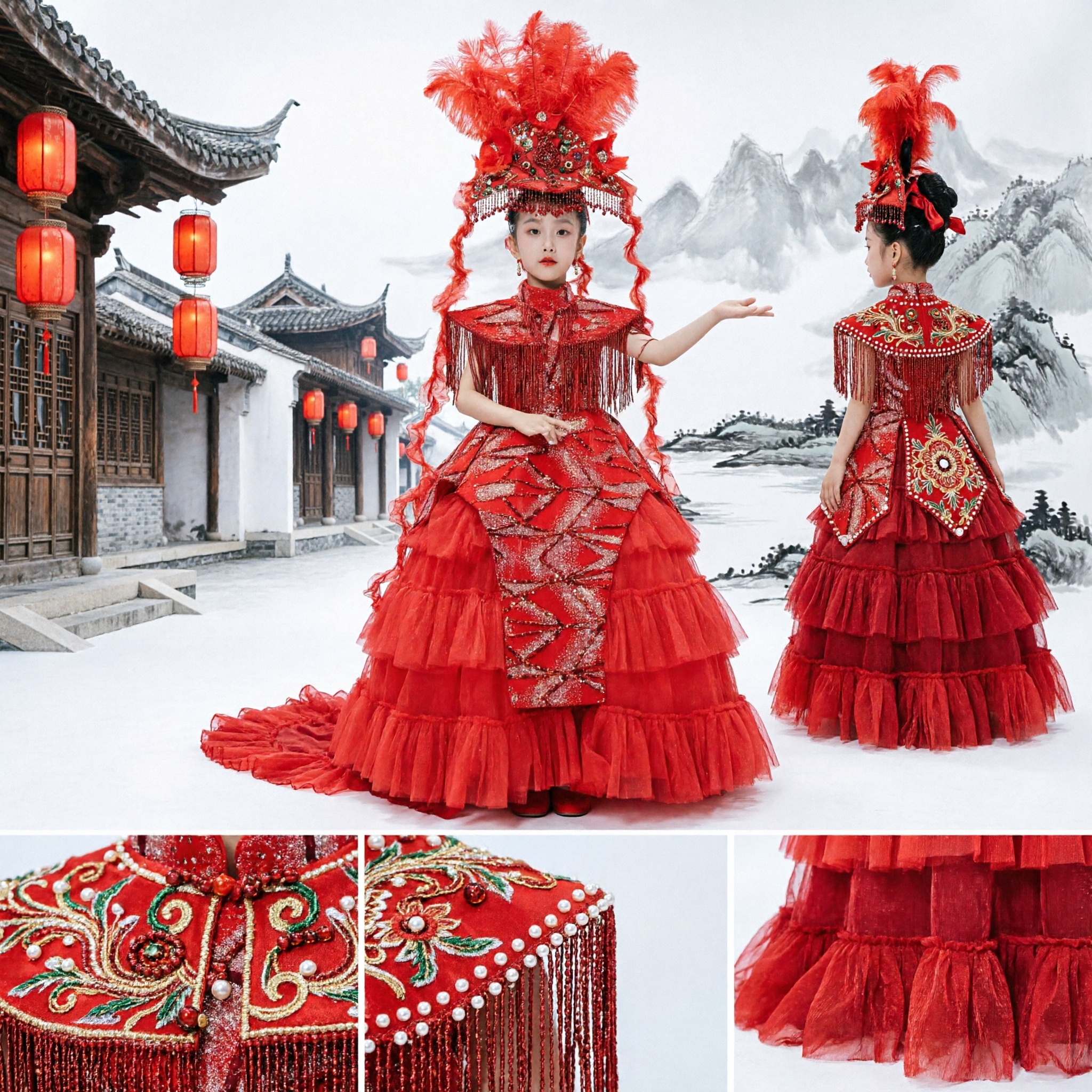 Kids Chinese Traditional Stage Performance Costume Red Dress with Feather Headdress for Girls Dance Show - Asian Costume